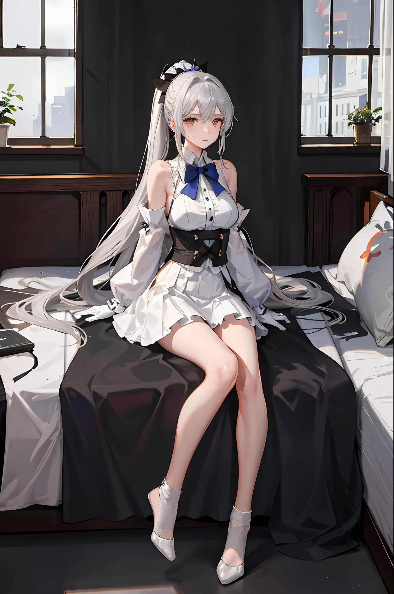(((1个Giant Breast Girl)),Ray traching,(dim murky lights),[detailedbackground(Bedrooms)),((Silvery hair)),((Silvery hair)),(((((Fluffy silver hair,plump and slender girl))Wears a high ponytail)))Avoid golden eyes in the ominous bedroom((((The girl wears a short white skirt and light-colored stockings)There are also white ruffled bow gloves),It shows a delicate and slender figure and beautiful curves,Correct limbs,Lie down in bed