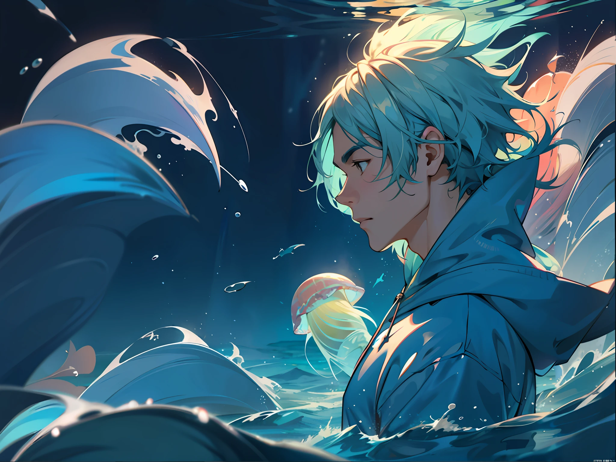 anime guy with blue hair and a blue hoodie standing in the water, 4 k manga wallpaper, anime art wallpaper 4 k, anime art wallpaper 4k, anime style 4 k, anime art wallpaper 8 k, detailed digital anime art, 4k anime wallpaper, anime wallpaper 4 k, anime wallpaper 4k, digital anime illustration, anime styled digital art