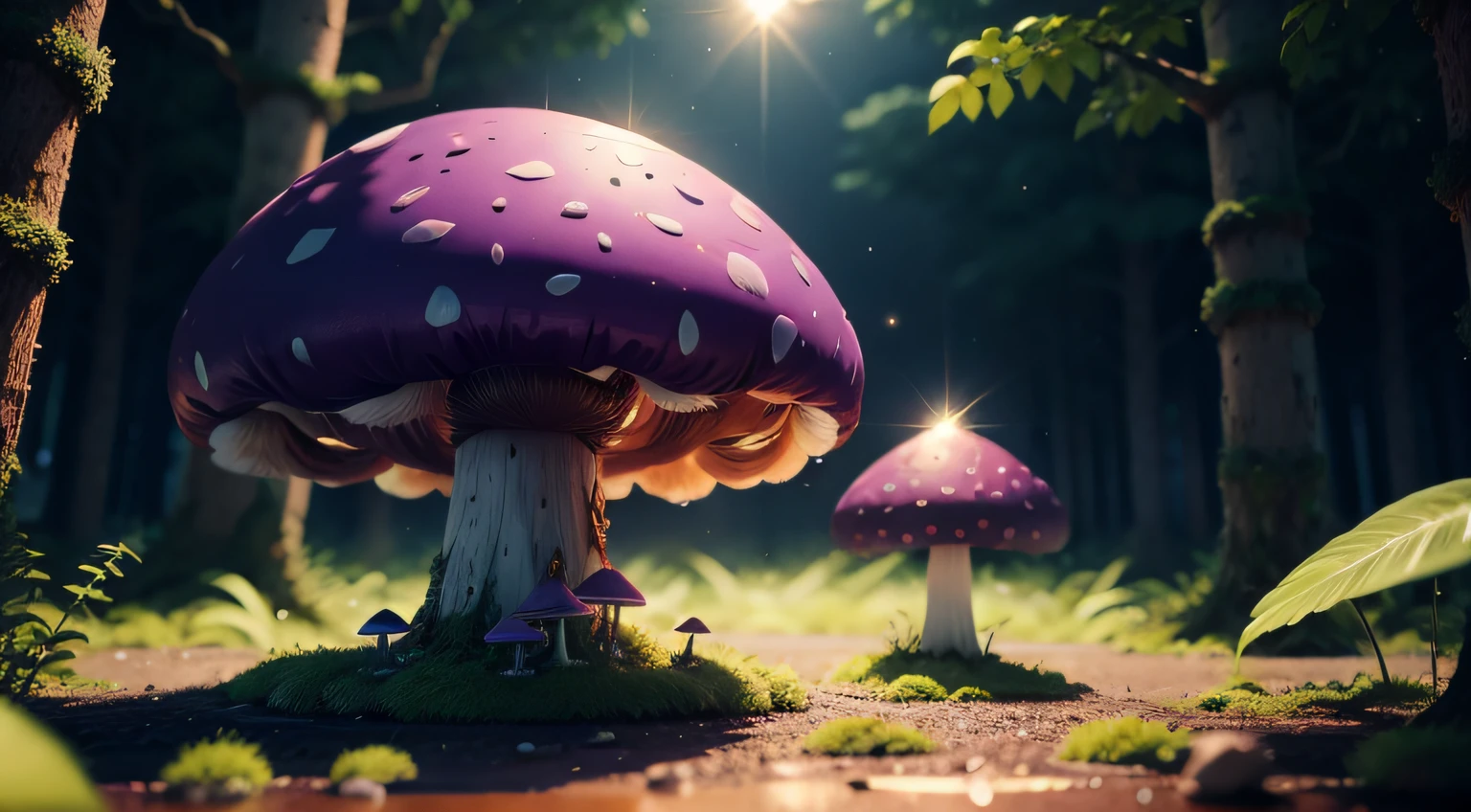 Homem，musculatura，Anthills shaped like purple mushrooms in magical environments，floresta escura e sombria，Fluorescence in a tree，Noite das Estrelas，Realistic 4K imagination