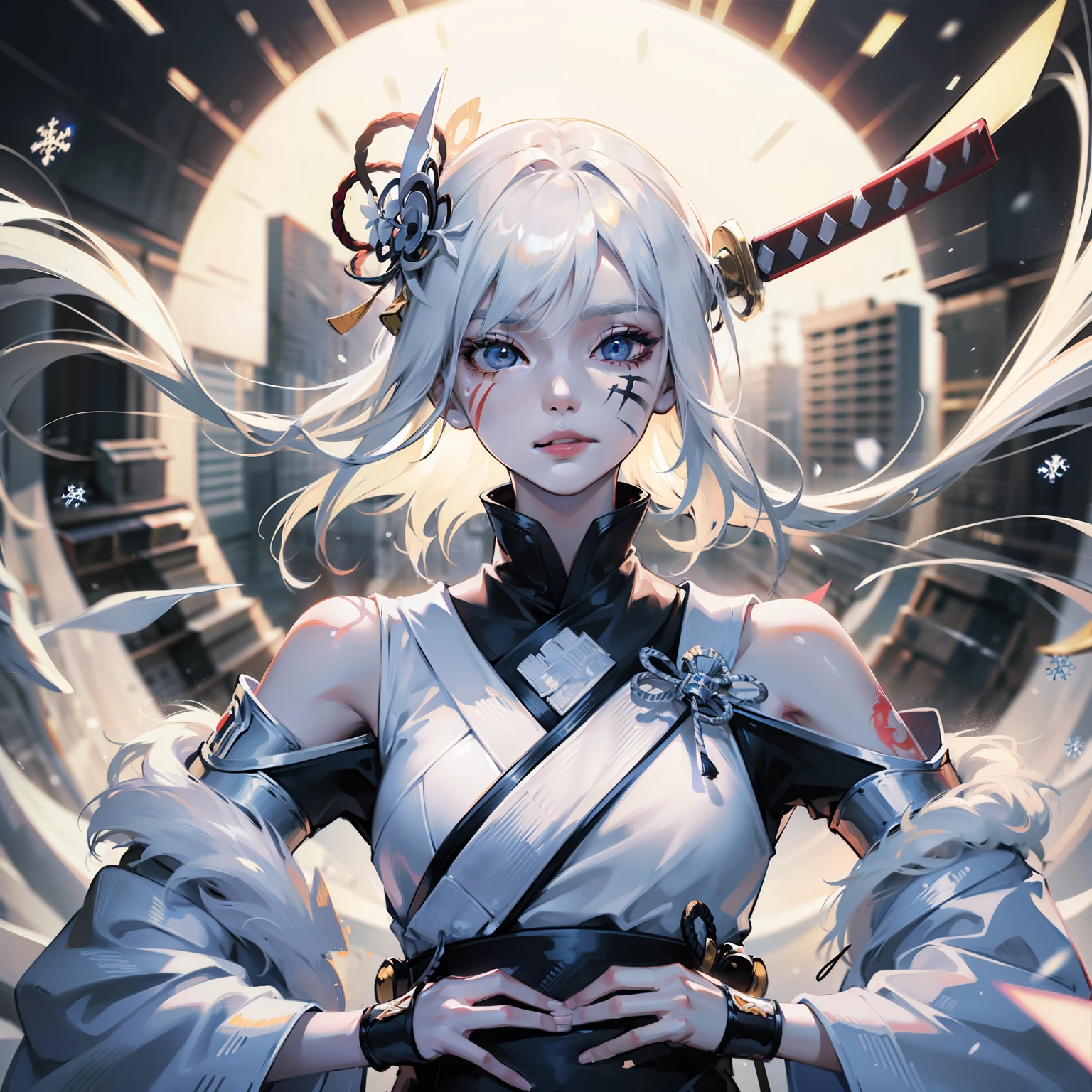 white hair, battle worn, shining blue eyes, samurai, pretty girl, delicate face, beautiful girl, slender body, hot girl, holding katana with both hands, full body white samurai uniform, under the moonlight, snow, pale skin, long beautiful streaked hair, floating hair, smile, soft face, kind eyes, eyebrows behind hair, ringed eyes, soft smile, face paint, scars on face, Surrealism, ray tracing, reflection light, motion lines, blurry background, night time, Canon, Fujifilm, 8k, super detail, best quality, UHD, portrait, snowflake