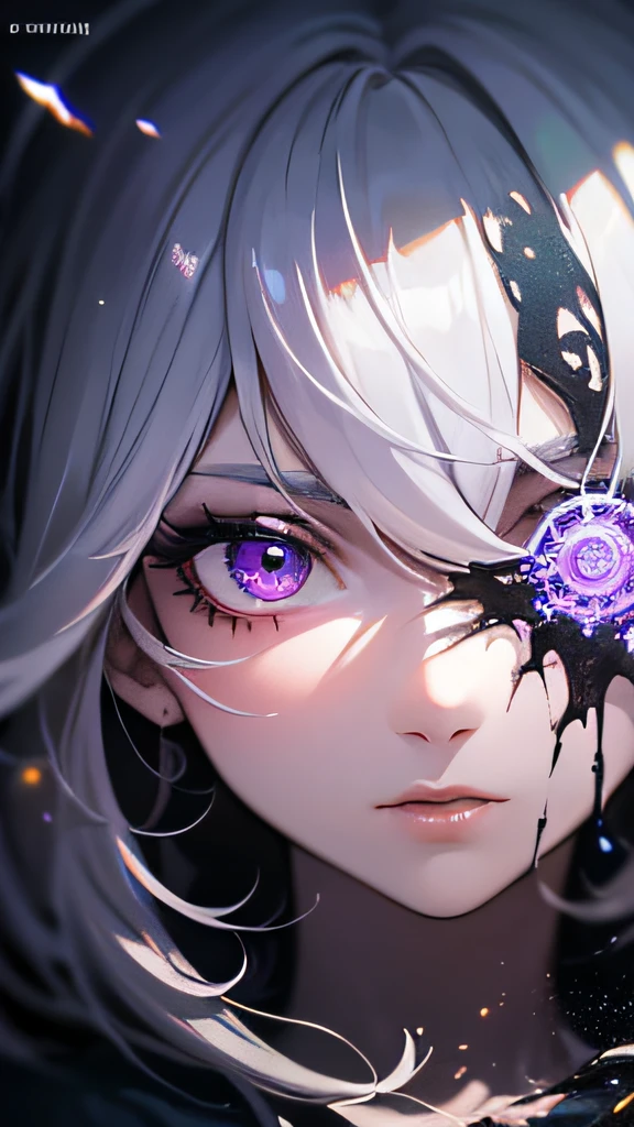 (masterpiece, best quality, ultra-detailed, best shadow), (detailed background,dark fantasy), (beautiful detailed face), high contrast, (best illumination, an extremely delicate and beautiful), ((cinematic light)), colorful, hyper detail, dramatic light, intricate details, (1girl, solo,white hair, sharp face,purple eyes, hair between eyes,dynamic angle), blood splatter, swirling black light around the character, depth of field,black light particles,(broken glass),magic circle,