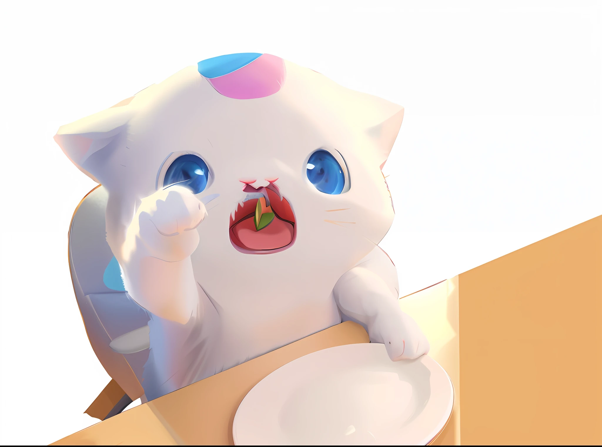 There was a white cat sitting at the table,There are plates on the plate, lovely digital painting, cute 3 d render, Cute! C4D, anime visual of a cute cat, Kawaii cat, Cute detailed digital art, adorable digital art, anime cat, cat eating, kawaii hq render, cat drinking milk, realistic anime cat, high res render, cat. Digital painting