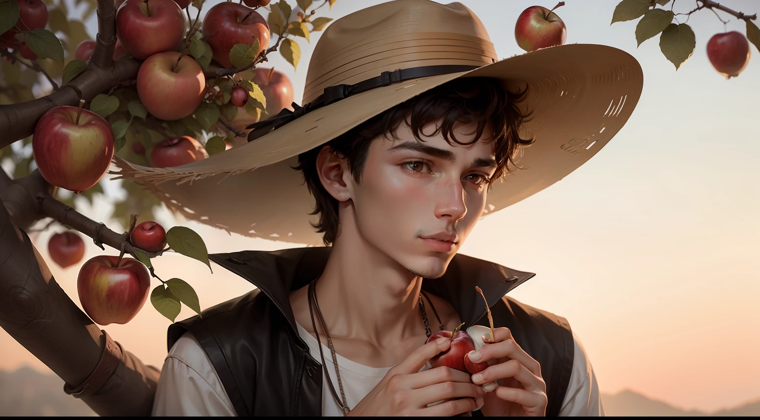 19-year-old man with long-brimmed hat, plucking apples from a tree