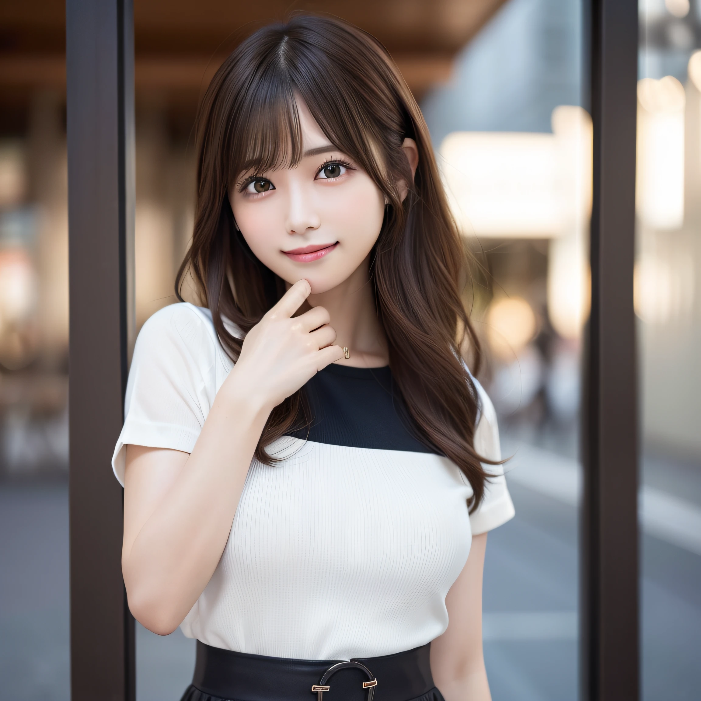 8K、Best Quality, 超A high resolution:1.2, (Photorealistic:1.4)、​masterpiece:1.3、Raw photo、 (FULL BODYSHOT:1.5、side from:0.7)、(ample breasts)、realistic eyes and face details:1.3、dual、(the perfect body : 1.1)、(short wavy hair : 1.2)、crowdedstreets、Fashionable clothes、Check skirt、thighs thighs thighs thighs、1日本人の女の子、 Cute、natural skin textures:1.2、 (Shy smile)、 Smooth skin:1.2, (Brown medium hair,Bangs)、nogizaka、Beautiful black eyes:1.３、Hands behind your hips、The camera is from a little lower、 (Background is blurry:1.4)、Gravure Pose