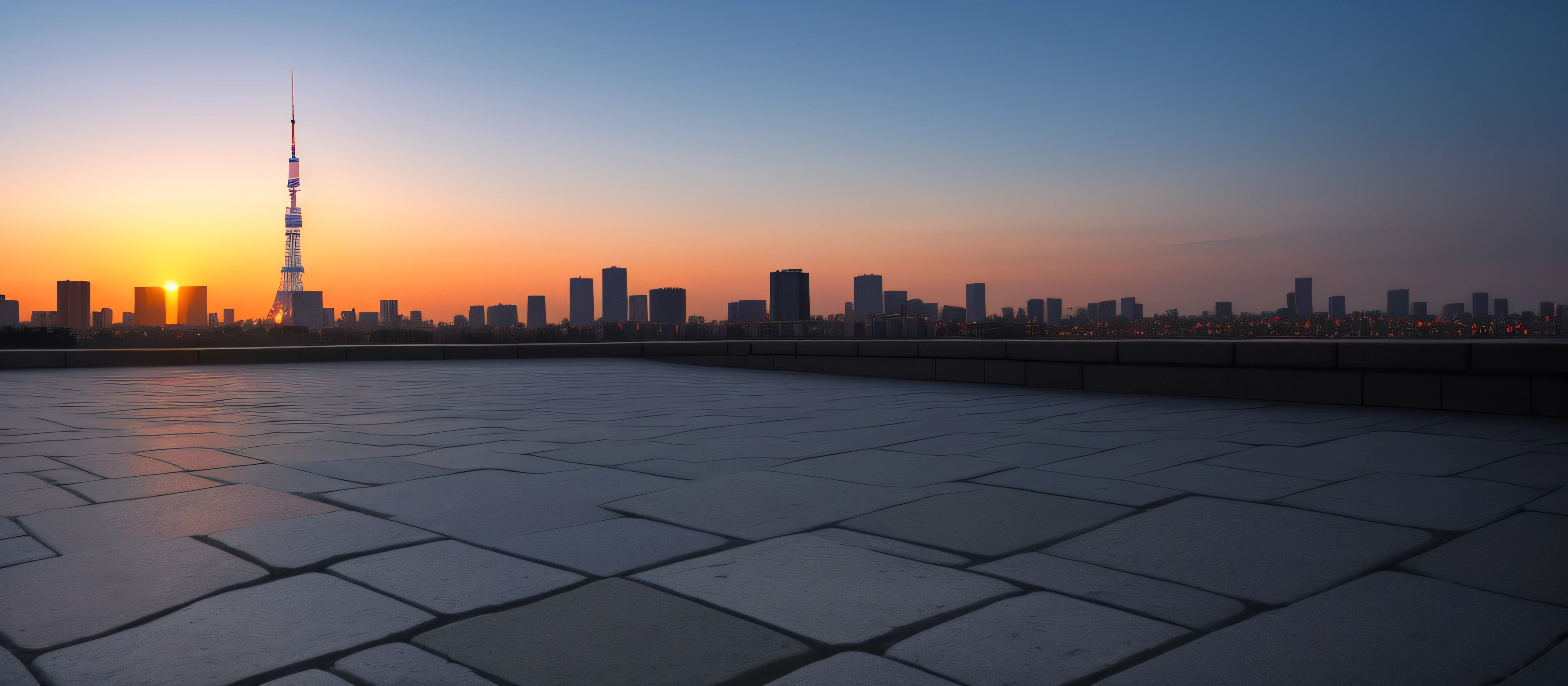 At dusk,In the distance is Tokyo Tower,Empty stone brick floor