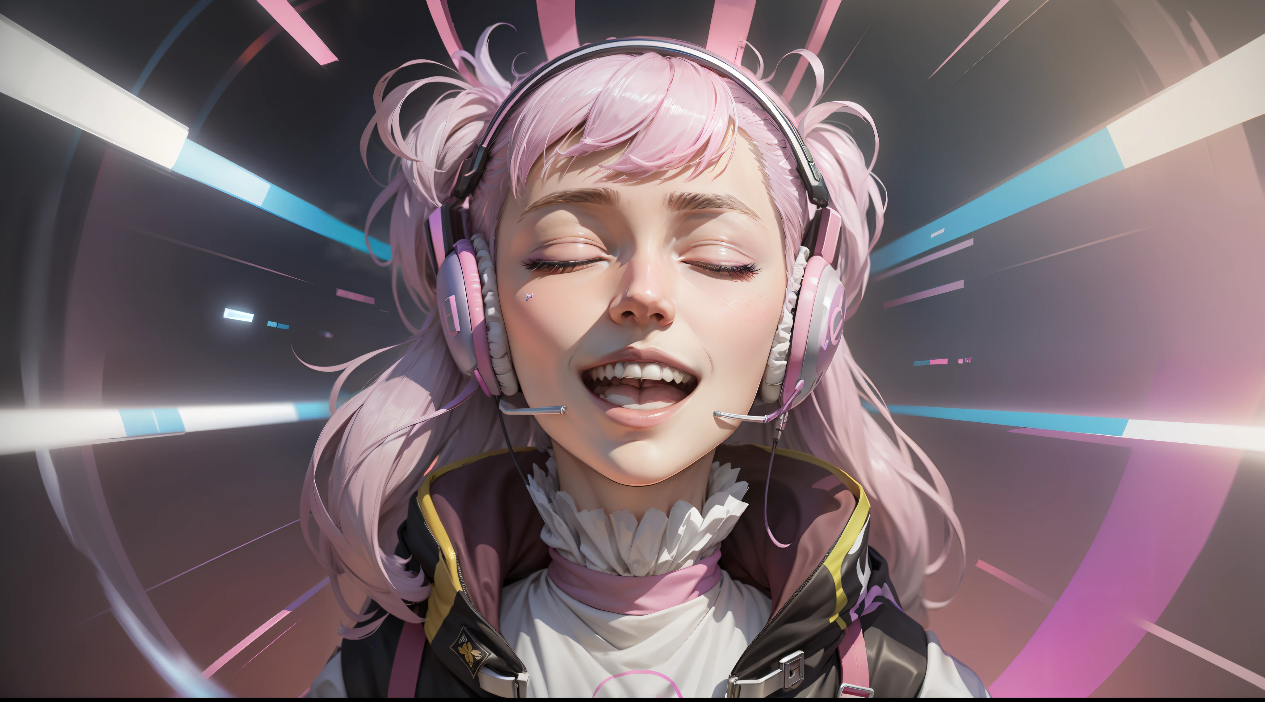 Woman with peace sense headset, closed eyes, beautiful face, RGB colors, anime pink hair, banner for youtube video, happy girl, clouds with RGB colors., bright RGB colors.