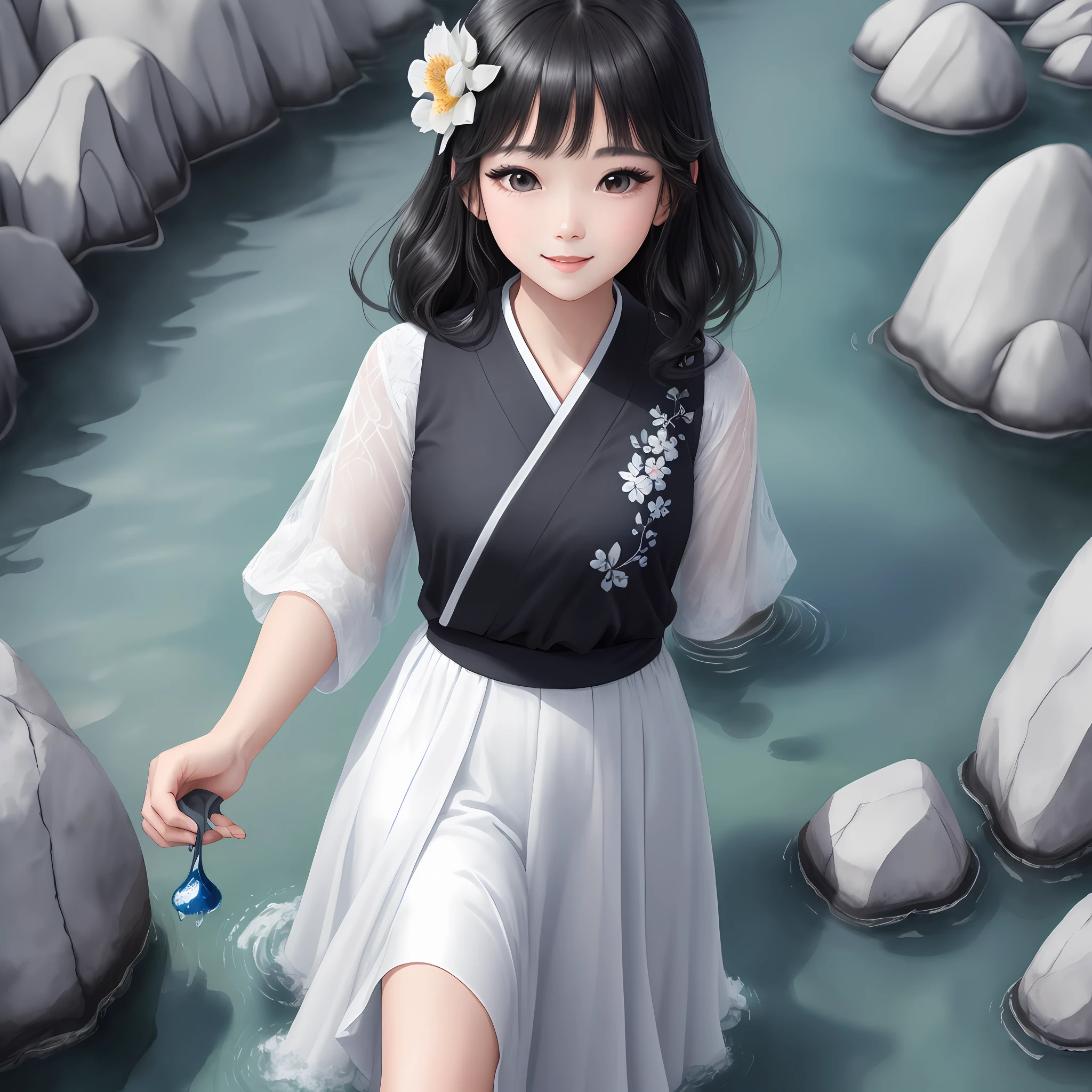 stechu,(white background:1.4), ((tachi-e)), original,(illustration:1.1),(best quality),(masterpiece:1.1),(extremely detailed CG unity 8k wallpaper:1.1), (colorful:0.9),(panorama shot:1.4),(solo:1.2), (ink splashing),(color splashing),((watercolor)), clear sharp focus,{ 1girl standing },((korean style )),flower background,outdoors,rocks, looking at viewer, make happy expressions,soft smile,pure,beautyfull detailed face and eyes,beautyfull intricacy clothing decorative pattern details, black hair,black eyes,colorwater