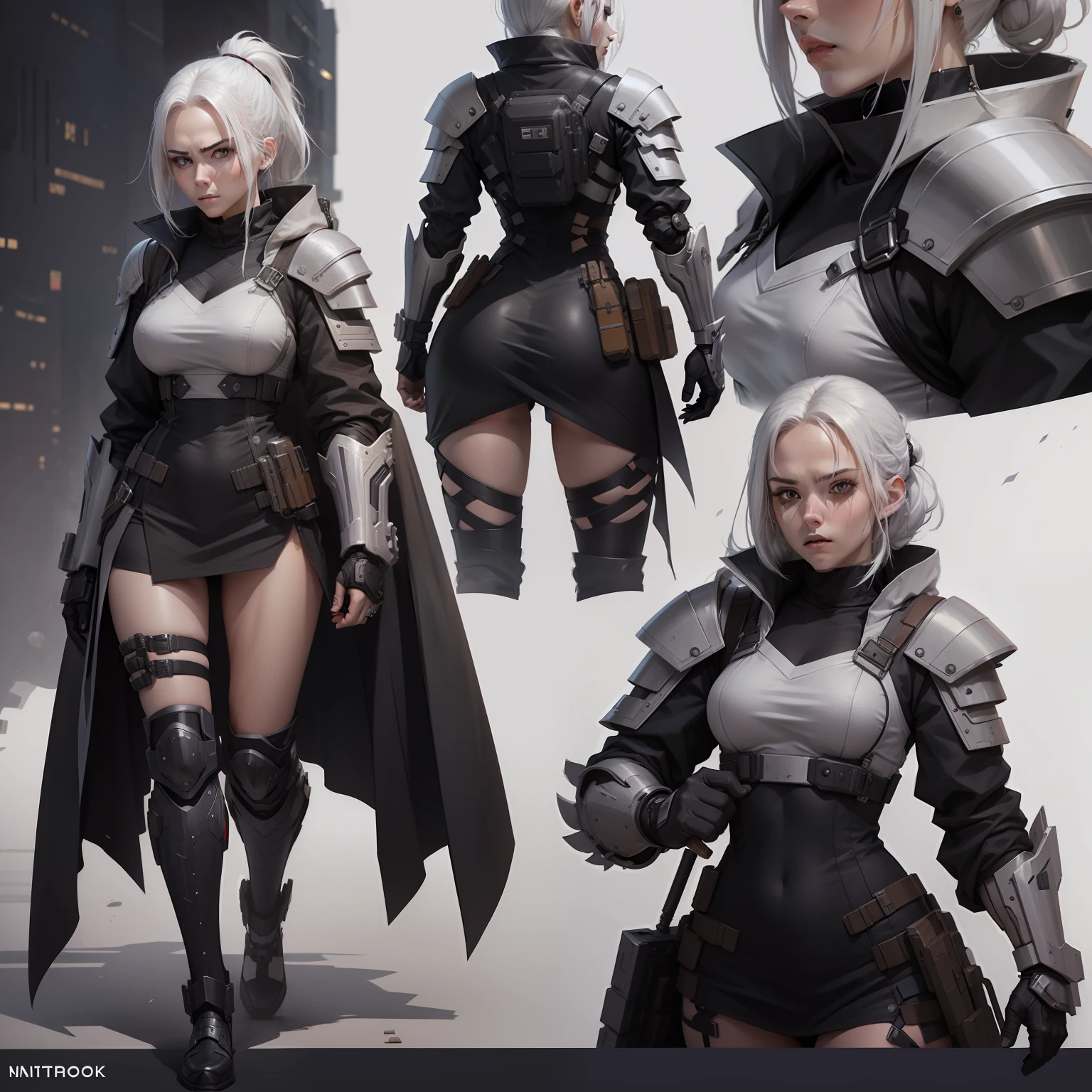 Character sheet with different movements and positions and walking angles Badass white-haired woman with manga-style cyberpunk armor