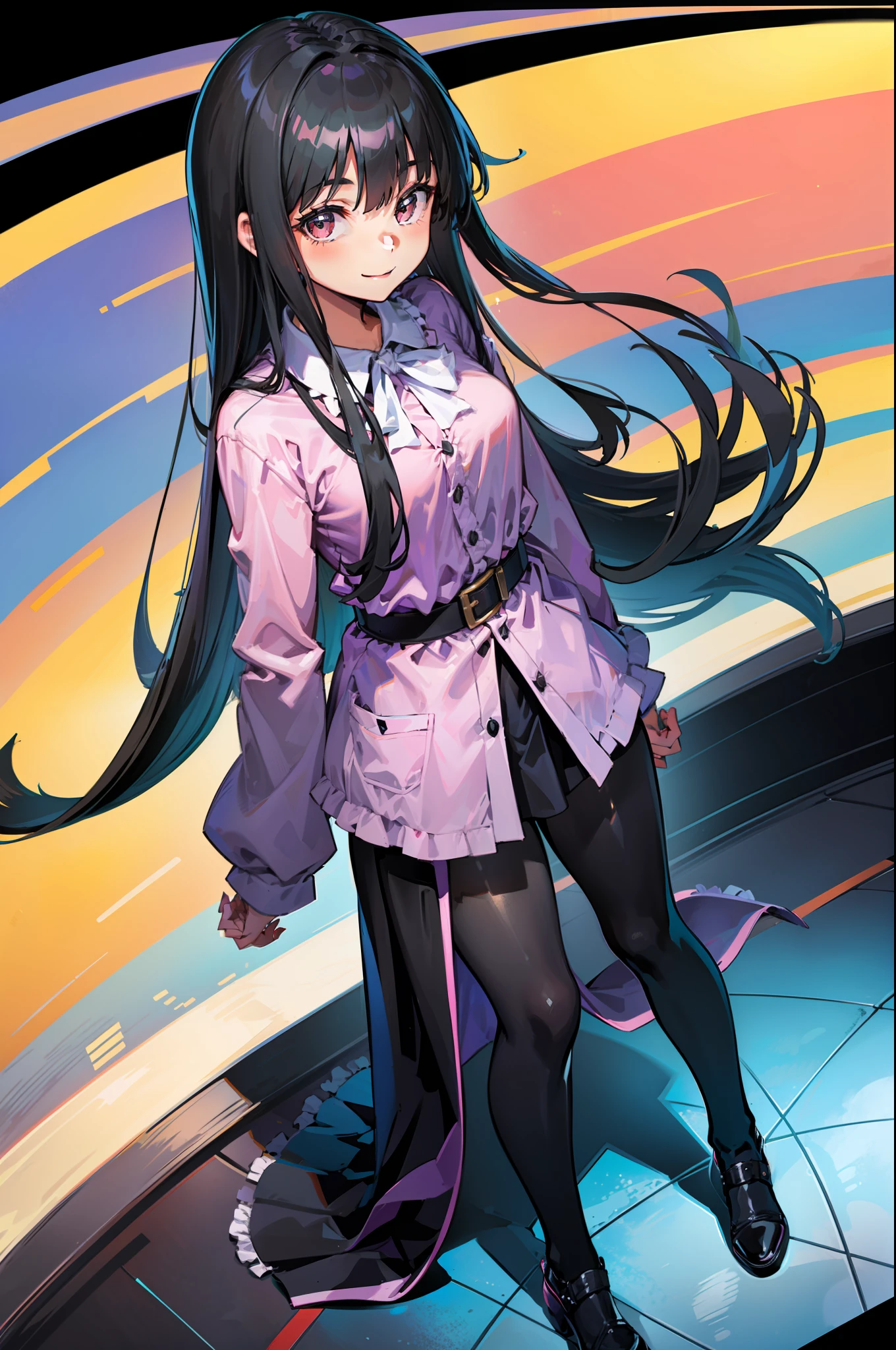 1  girl, long black hair, bangs, soft or astethic style clothing, standing posing looking at viewer, smiling slightly