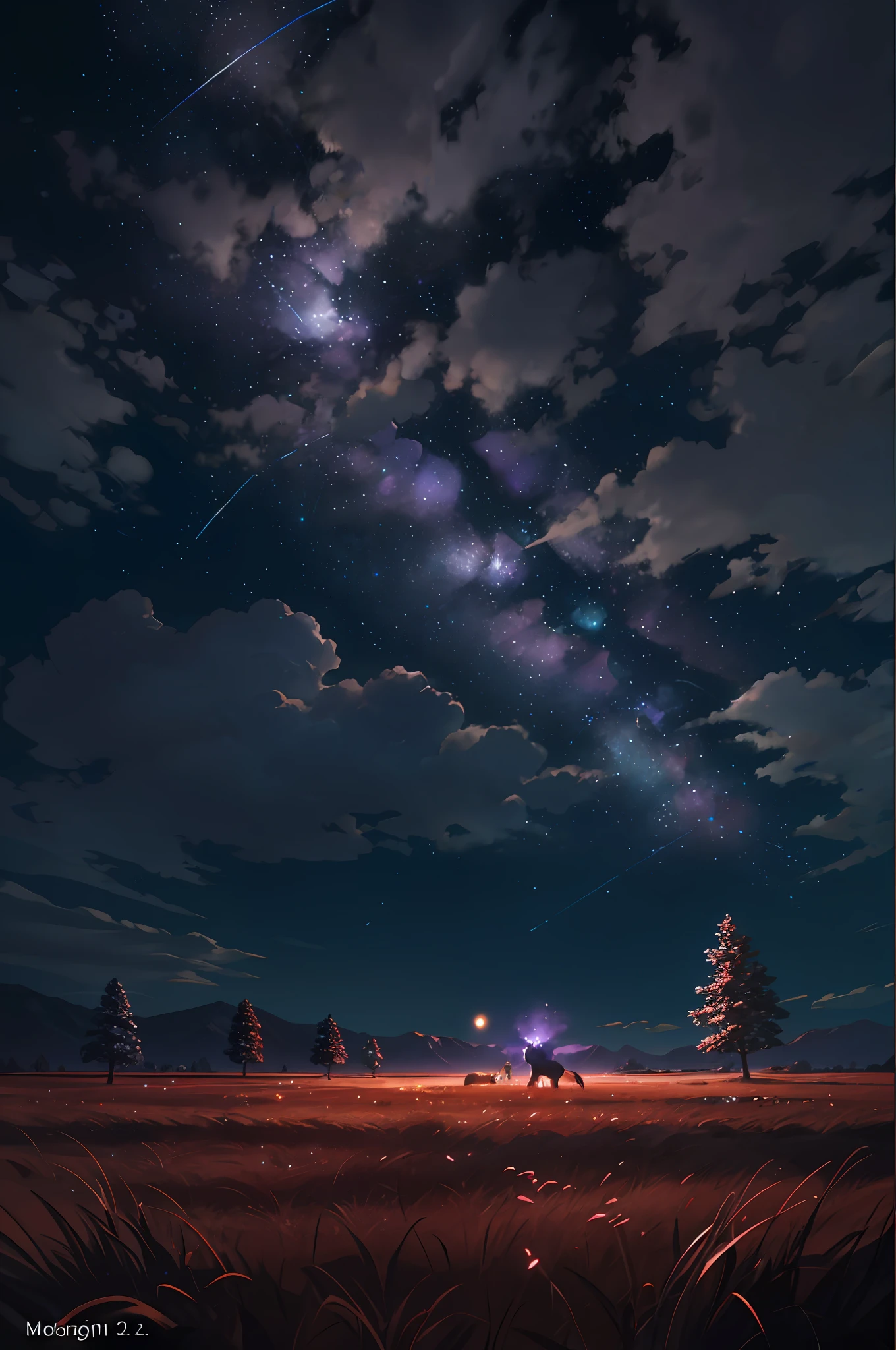 A wide photograph of the landscape,(look from down,The sky is above,Empty fields below),A wolf sits on the grass and looks up,(moon full:1.2),(meteors:0.9),(Starcloud:1.3),mountains in the distant,Trees break the craft art,(warm lights:1.2),(glowworm:1.2),lamplight,Lots of purple and orange,Complicated details,Volumetric lighting BREAK(tmasterpiece:1.2), (Best Picture Quality), 4k, ultra-delicate, (dynamic compositions: 1.4), Rich in detail and color, (Irridescent color: 1.2), (with light glowing, Atmospheric lighting), dream magical, Magic, (独奏: 1.2)The background is clear