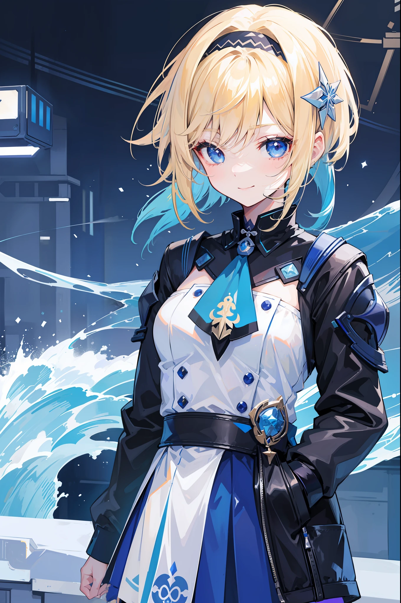 Best Quality, 1 Girl, EULA (Genshin Shock), Blue Hair, Blonde Eyes, Short Hair, Black Headband, Hair Accessories, Look at the Audience, Blue Tie, Snowflakes, Waves, Smile, Cyberpunk