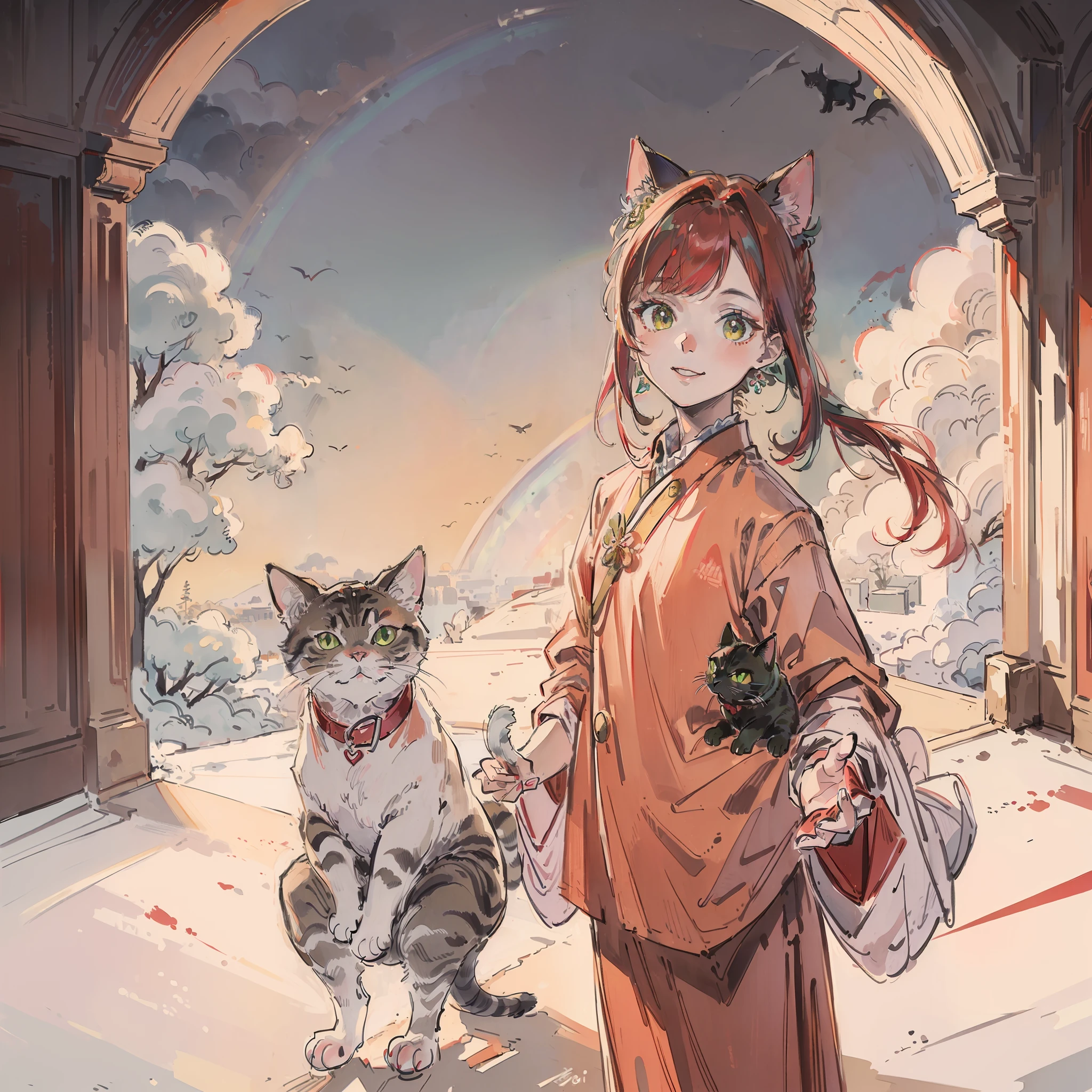((Best quality1.2))、((Masterpiece 1.2))、A smile((Stylish clothes))、((Take a cute cat 1.5))、Red((rainbow-colored hair))