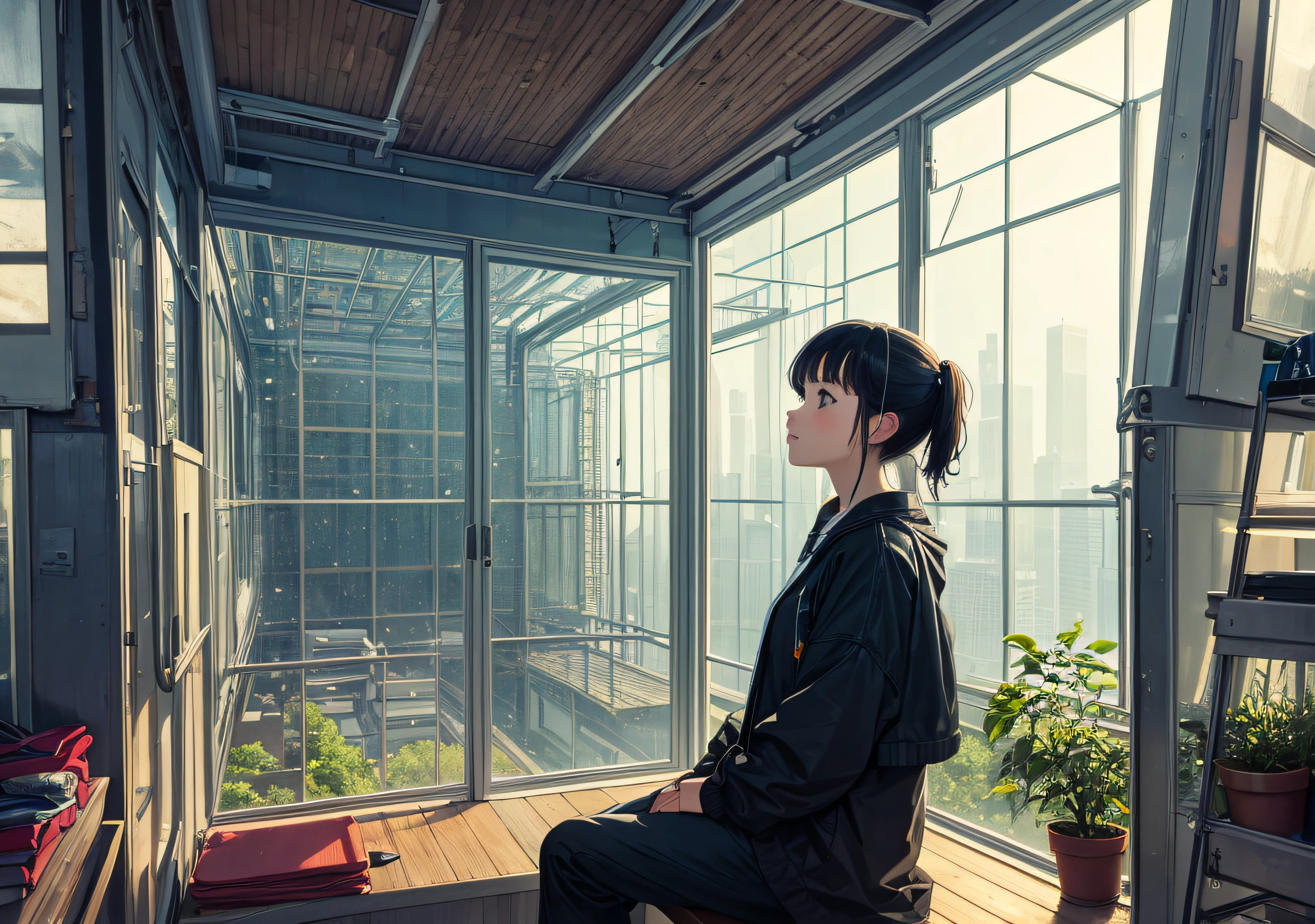(masterpiece, top quality, best quality, official art, beautiful and aesthetic:1.2), extremely detailed, detailed background, anime, 1girl, young girl, short girl, sci-fi, science fiction, outdoors, night, starry sky, greenhouse, megastructure, bio-dome, landscape, scenery, horizon, rooftop, sitting on rooftop, wind, looking away, atmospheric lighting, solo focus, (close up), from side, depth of field, bokeh