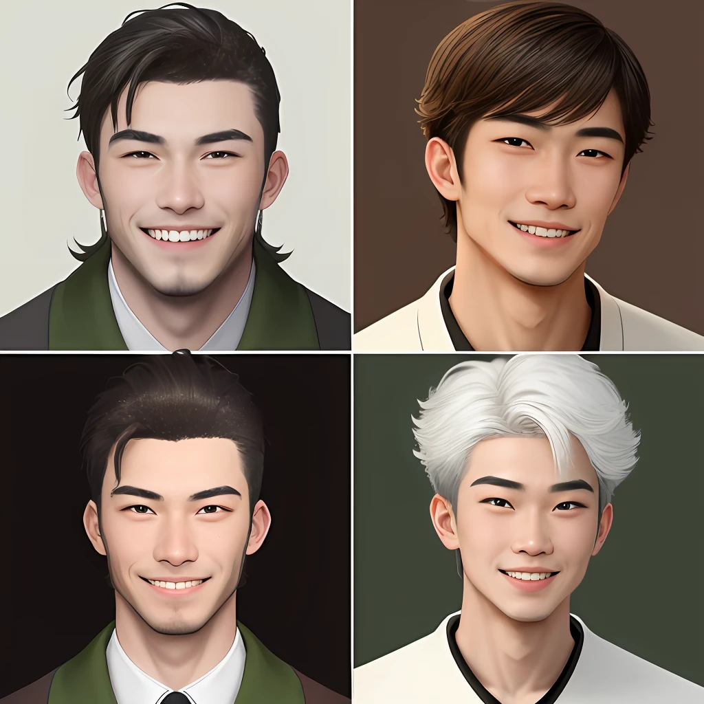 Help me draw a real handsome guy,Asia face,Cold white skin, a pair of dog eyes, and a straight nose,There are two pear swirls when laughing。,It's more juvenile