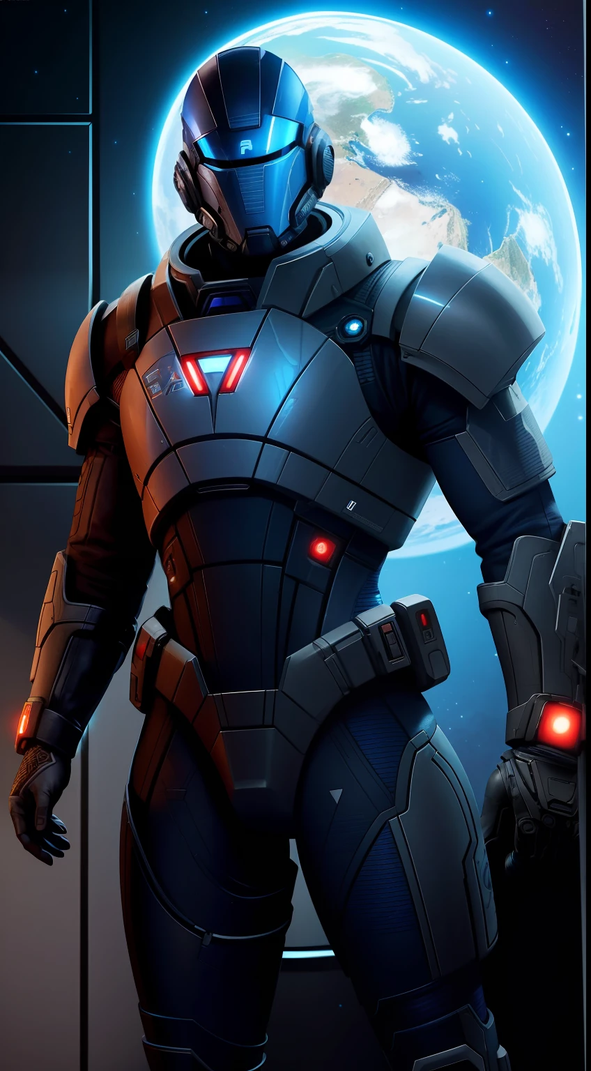 arafed man in a space suit standing in a space station, wearing mass effect armor, mass effect style, n 7 armor, sci - fi suit, mass effect inspired, science fiction suit, inspired by Eve Ryder, clothed in sci-fi military armor, mass effect, science fiction space suit, femshep, scifi character, mass effect fantasy