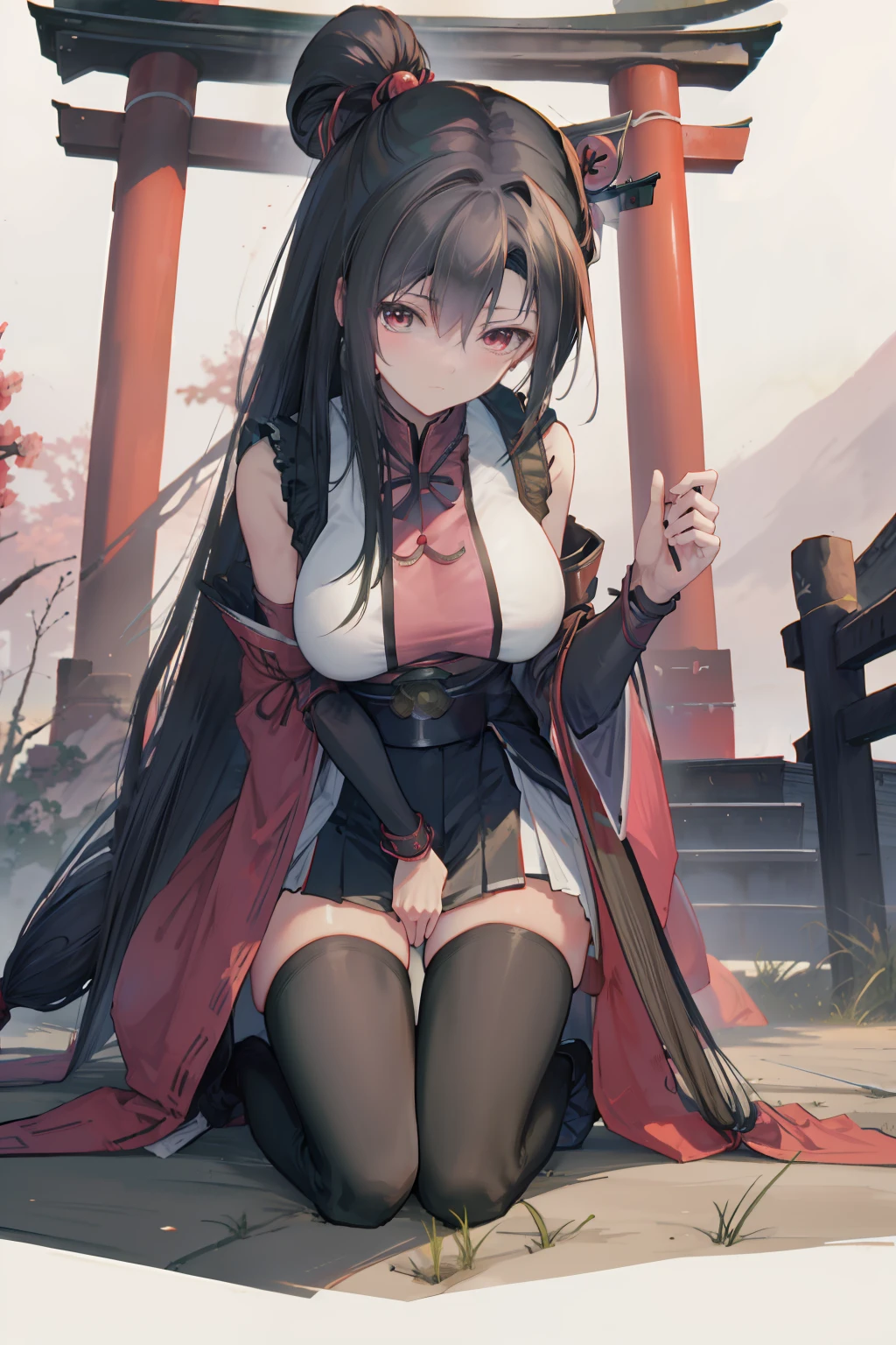 (Best quality:1.2), anime big breast，quadratic element，A Japanese samurai woman on a green hill，teens girl，torii