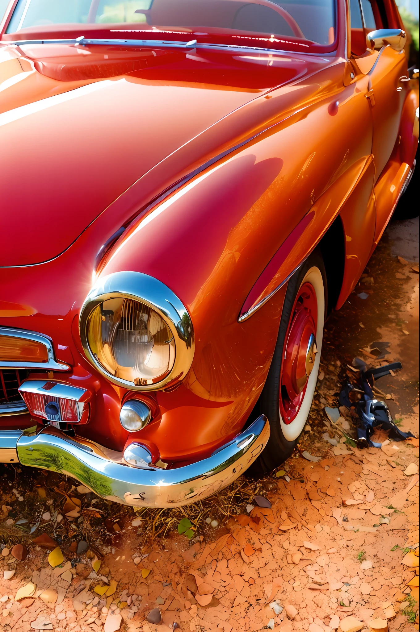 there is a red car parked in a gravel lot, classic car, classic cars, red car, vintage car, details and vivid colors, middle close up composition, vintage cars, old car, stained antique copper car paint, vintage color photo, front of car angle, pristine and clean design, immaculate detail, auto photography, in the style of Andy Warhol