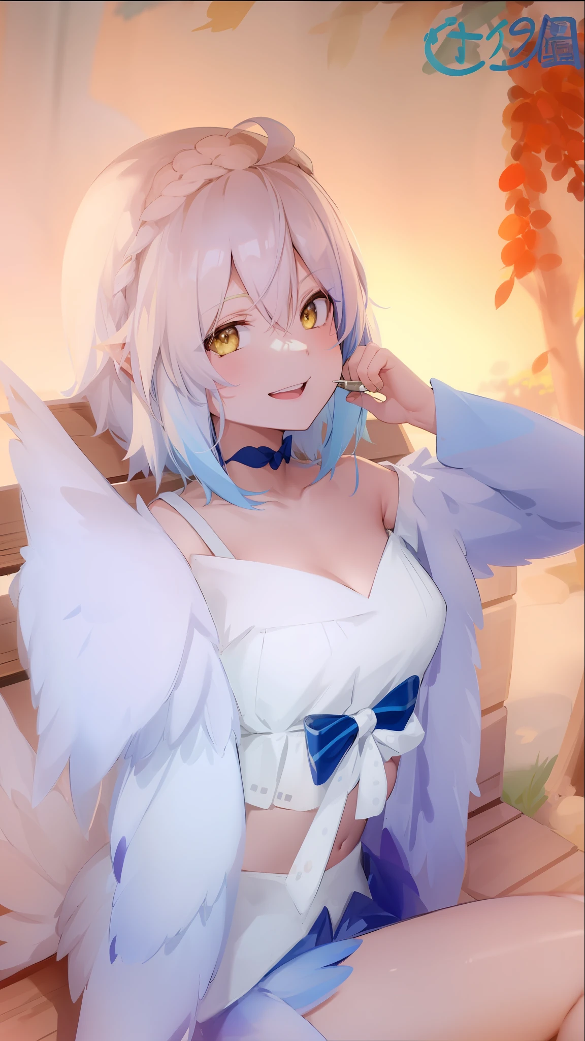 1girl, solo, harpy,winged arms, blue wings,blue hair, feathered wings, monster girl, yellow eyes, small breasts,outdoors,  smile,hair between eyes, outdoors, looking at viewer,ahoge,bandeau, shorts, navel,bare shoulders, dutch angle, 
bench, (ice cream:1.0), sitting, on bench, short hair,holding ice cream,