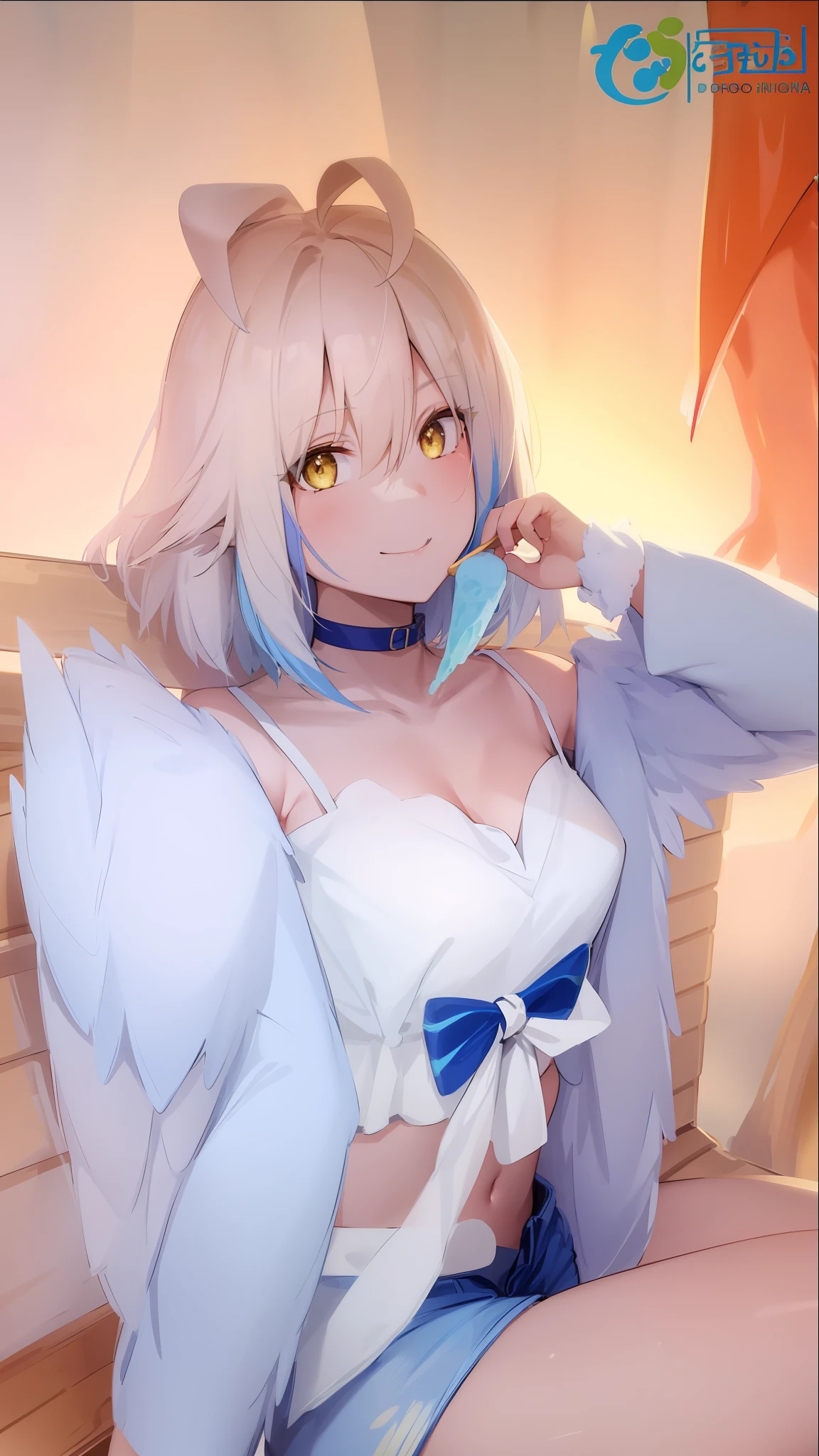 1girl, solo, harpy,winged arms, blue wings,blue hair, feathered wings, monster girl, yellow eyes, small breasts,outdoors,  smile,hair between eyes, outdoors, looking at viewer,ahoge,bandeau, shorts, navel,bare shoulders, dutch angle, 
bench, (ice cream:1.0), sitting, on bench, short hair,holding ice cream,