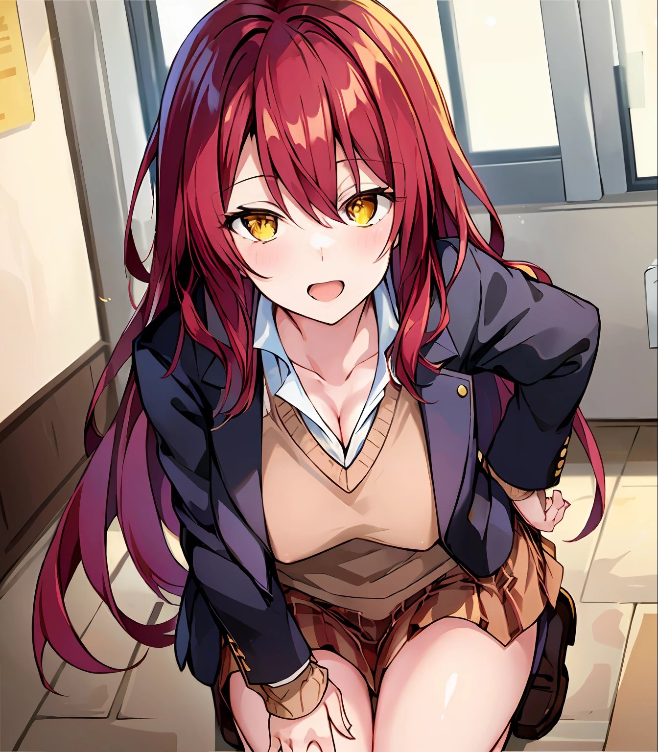 masterpiece, best quality, 1girl, rindou kobayashi, red hair, long hair, yellow eyes, school uniforms, detailed background