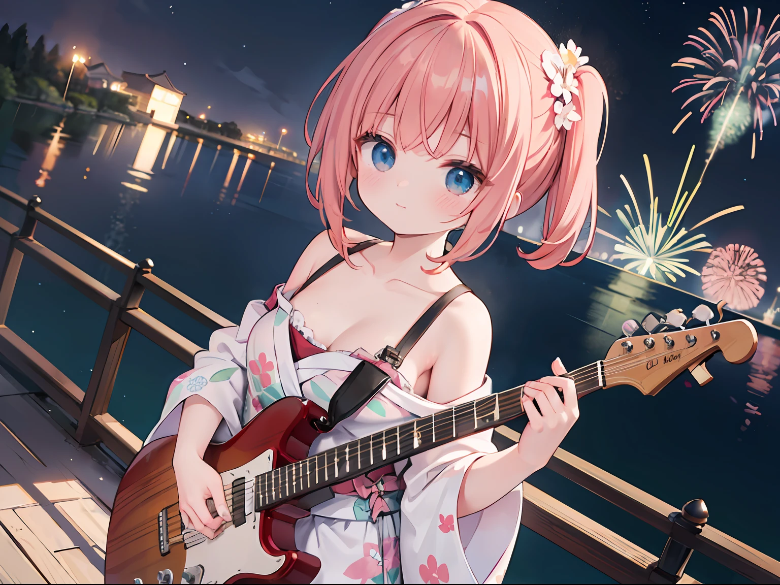 (8k, best quality, masterpiece:1.2), ultra high-res, extremely detailed, absurd-res, HDR, perfect anatomy, very cute girl, solo, standing, floral yukata, short length, (exposed shoulders and collarbones), breast cleavege, playing the electric guitar, very detailed background, fireworks high in the night sky, basin, valley, wide lake, light reflection