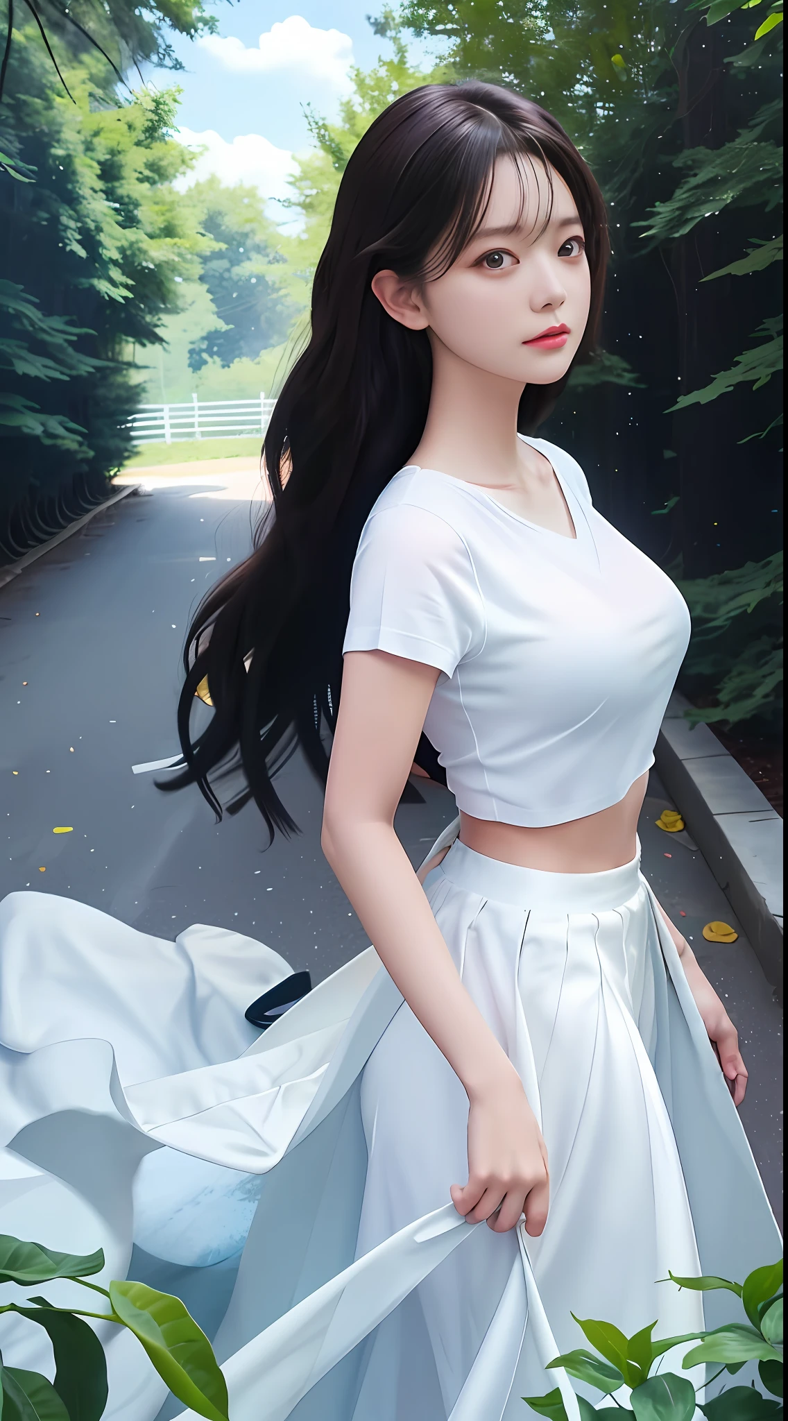 best qualtiy， tmasterpiece， Kizi， beauitful face， （photograph realistic：1.3）， edge lit， Very delicate and delicate face（highdetailskin：1.2）， Ultra HD in 8K， digital SLR camera， high high quality， A high resolution， 4K， 8K，（realisticlying：1.3）， Cute girl， Wearing a white transparent T-shirt， Attractive breasts， 爆乳，Background blue sky blur，Sling made of transparent yarn，Superskirt，Beautifully fair legs，Anterior convex and posterior，