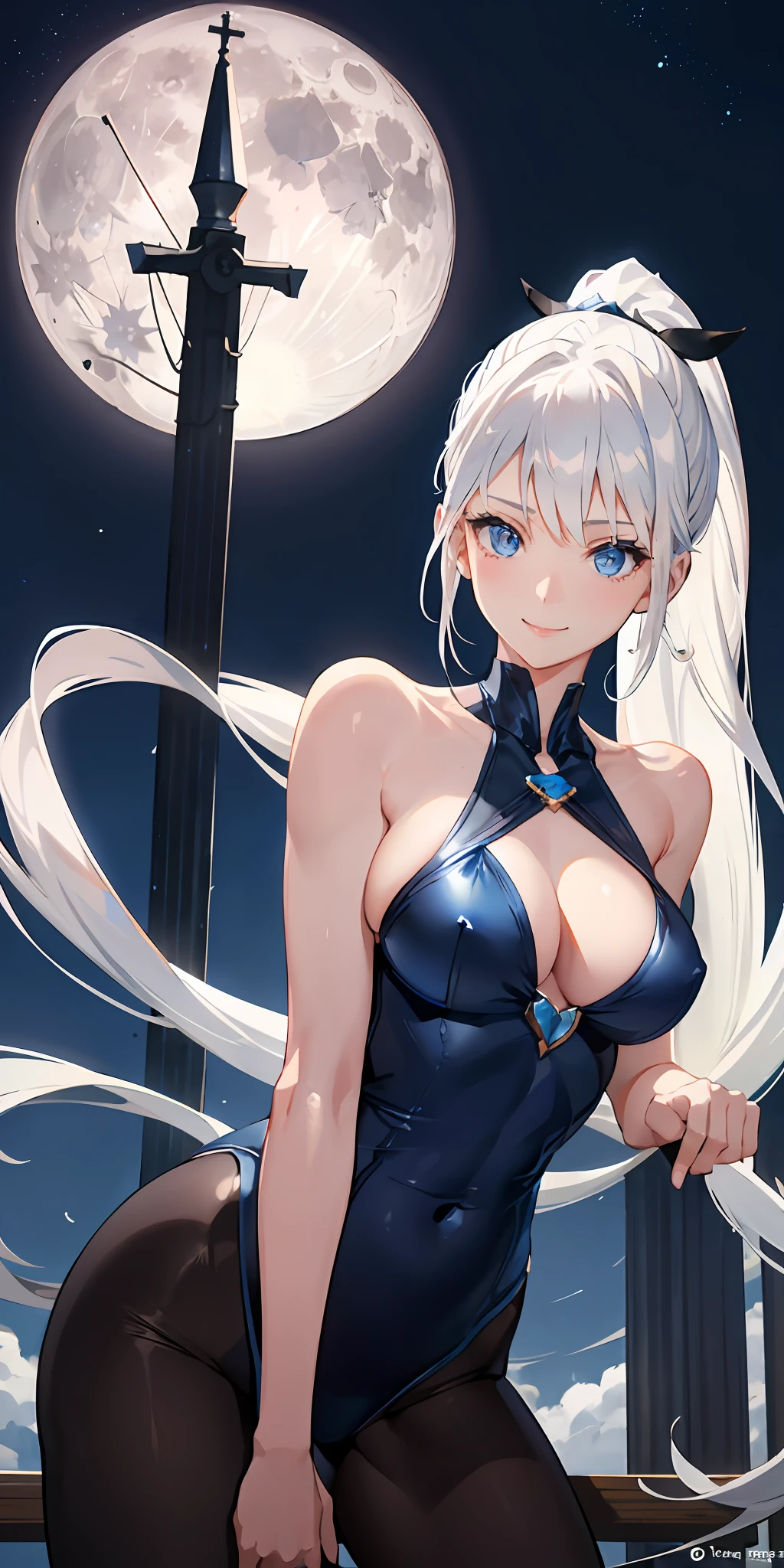 Blue eyes, medium tits, 1girl, blue blazzer, white hair, ponytail hair, smile, tennage, moon, church, upper body,