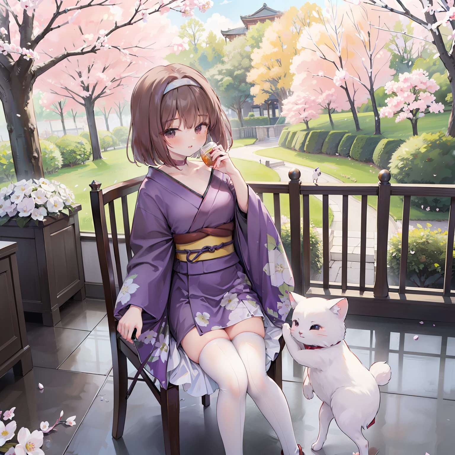 extremely detailed CG unified 8k wallpaper, very fine 8KCG wallpaper, absurderes，Lori ，Best Quality ，ultra-detailliert ，Beautiful face  ，​masterpiece、top-quality ，Best Quality ，ultra-detailliert ，Beautiful face、​masterpiece、top-quality、Imperial Flower Attack Team、head band、sumire kanzaki、(((in a house)))、Cherry blossoms are blooming outside the window、(((Sit in a chair and drink tea at the Grand Imperial Theatre)))、Streets of the Imperial City