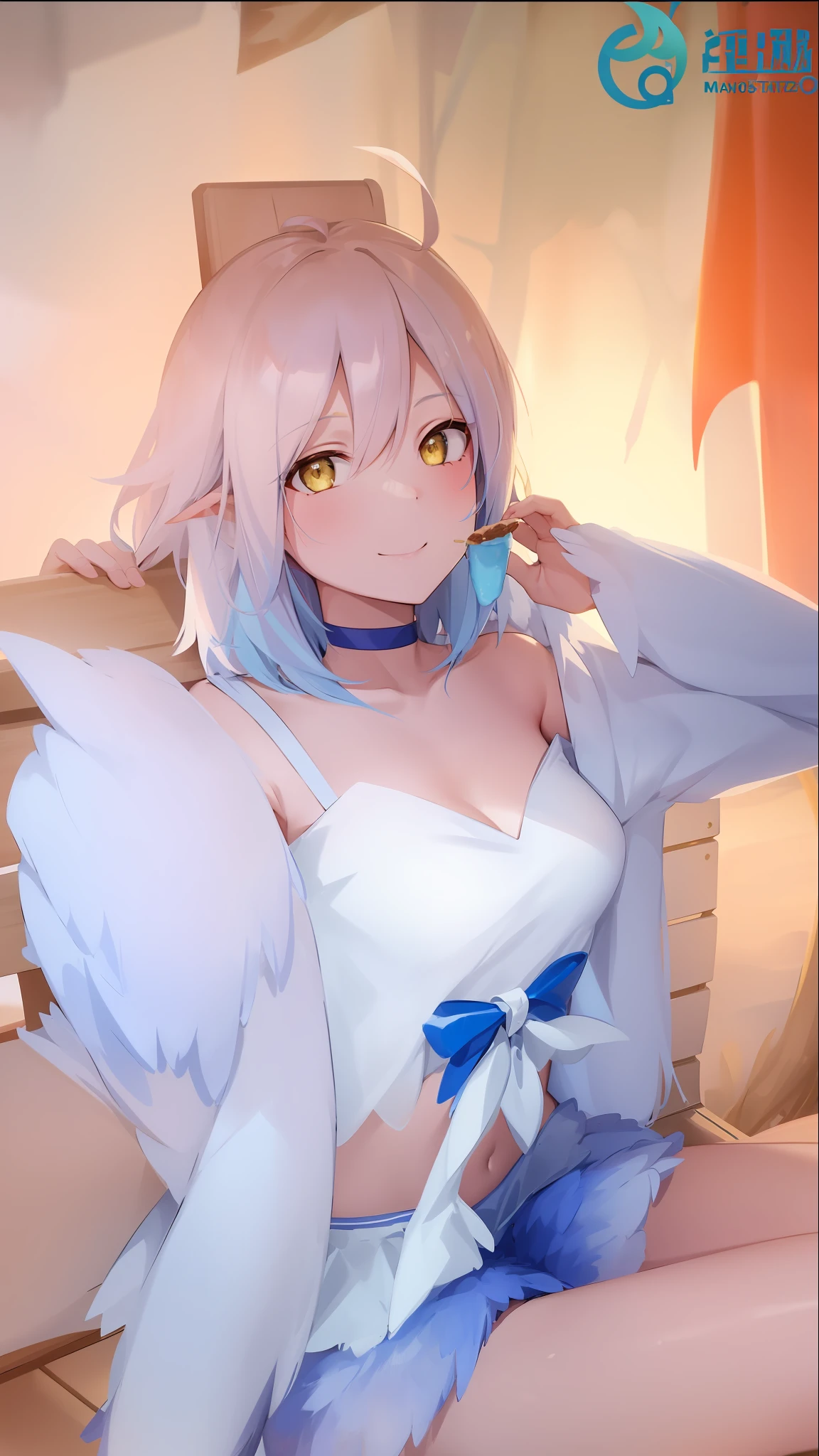 1girl, solo, harpy,winged arms, blue wings,blue hair, feathered wings, monster girl, yellow eyes, small breasts,outdoors,  smile,hair between eyes, outdoors, looking at viewer,ahoge,bandeau, shorts, navel,bare shoulders, dutch angle, 
bench, (ice cream:1.0), sitting, on bench, short hair,holding ice cream,