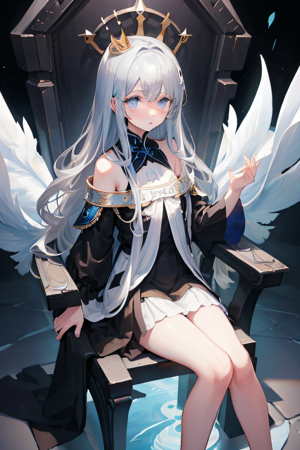 (((masterpiece))),best quality, illustration,(beautiful detailed girl), a boy ,solo,bare shoulders,flat_chst,diamond and glaring eyes,beautiful detailed cold face,very long blue and sliver hair,floaing black feathers,wavy hair,black and white sleeves,gold and sliver fringes,a (blackhole) behind the boy,a silver triple crown inlaid with obsidian,(sit) on the black ((throne)), (depth) of (field)