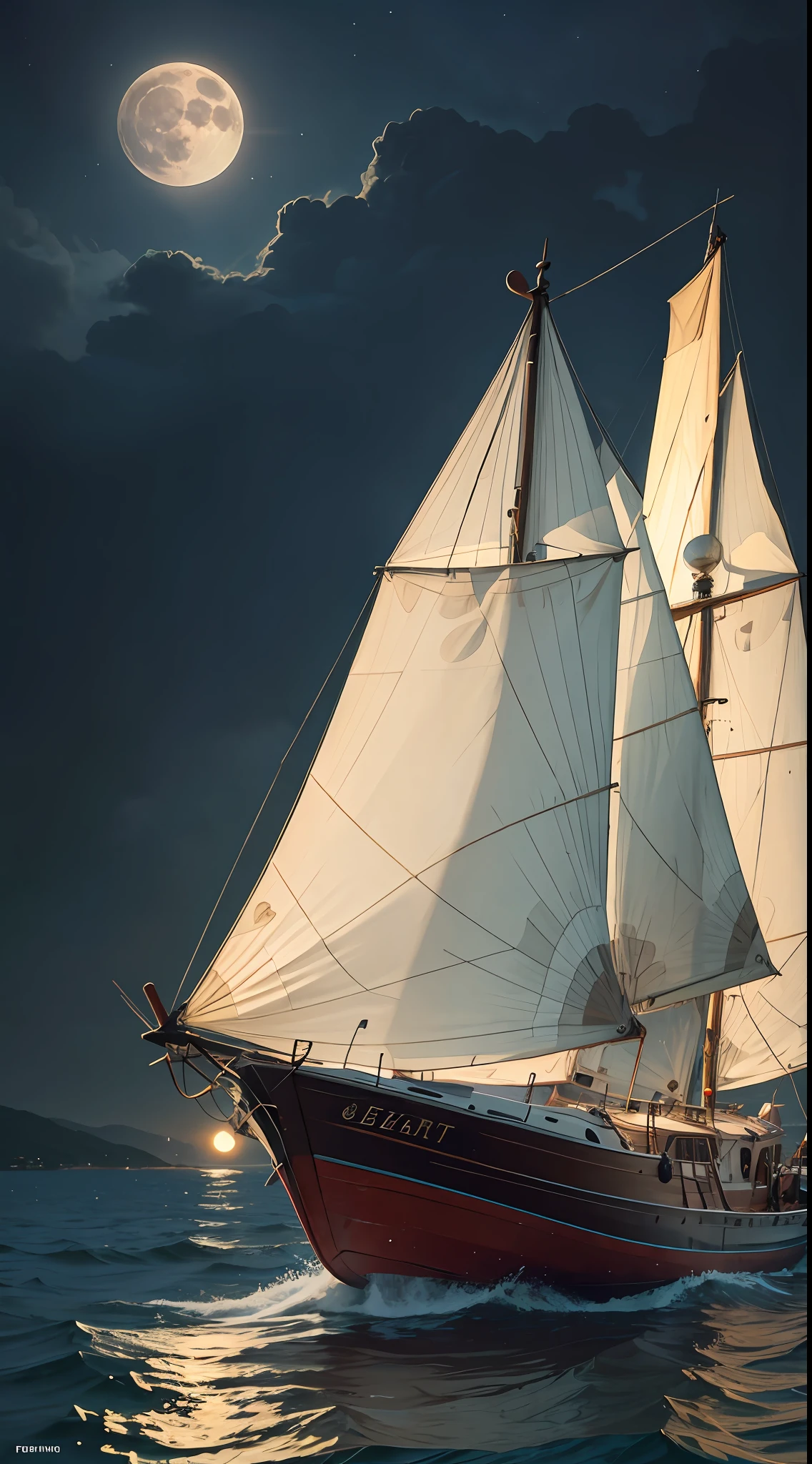 A small boat floats on the sea，Behind is a huge one, Bright moon