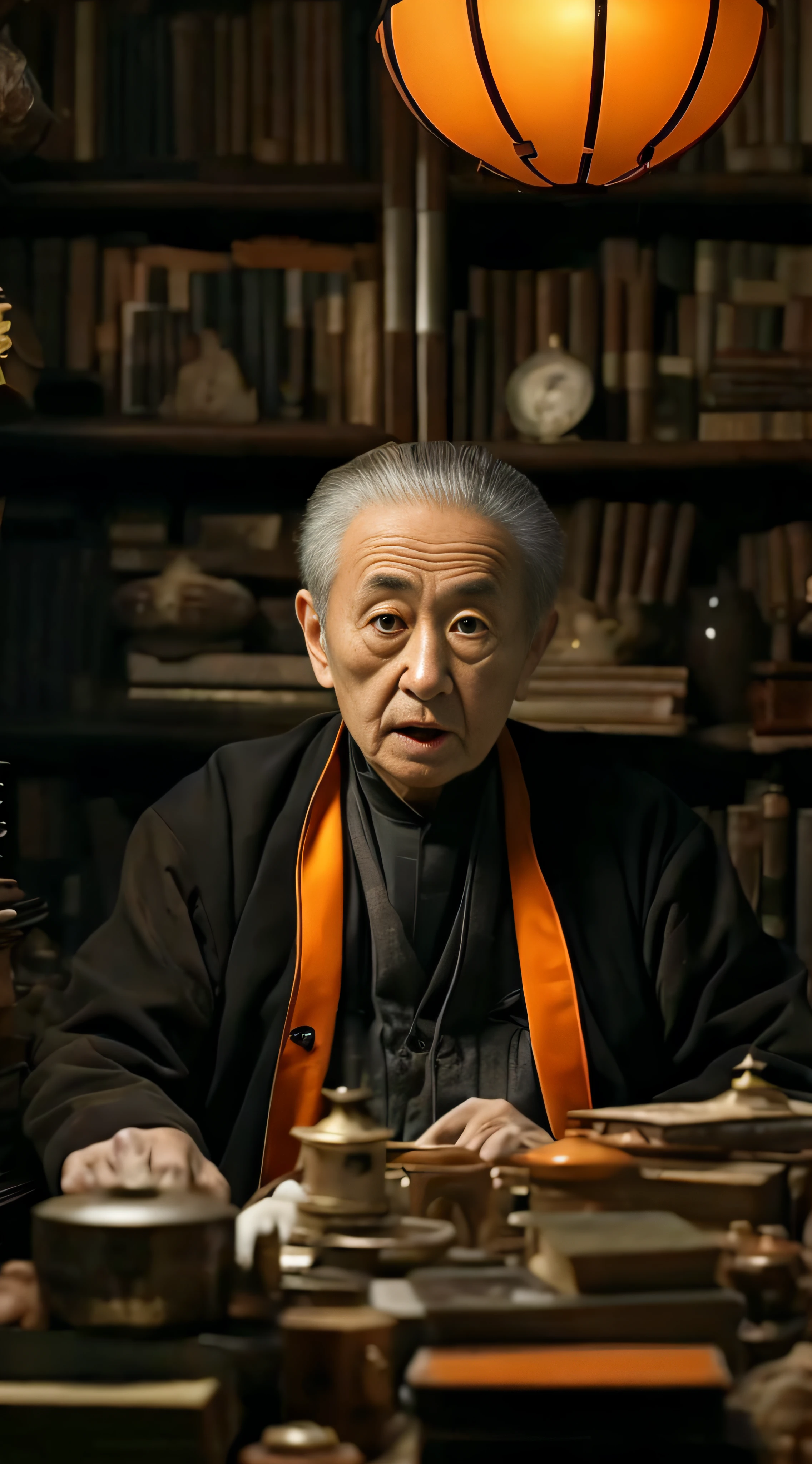 The Arafards sat at the table,There is a lamp overhead, amano yoshitaka, ryohji hase, Taoist, ishirō honda, tatsuyuki tanaka hd, masakazu katsura, yoshiyuki sadamoto, zhang daqian, Taoist master, inspired by Wu Daozi, Leiji Matsumoto