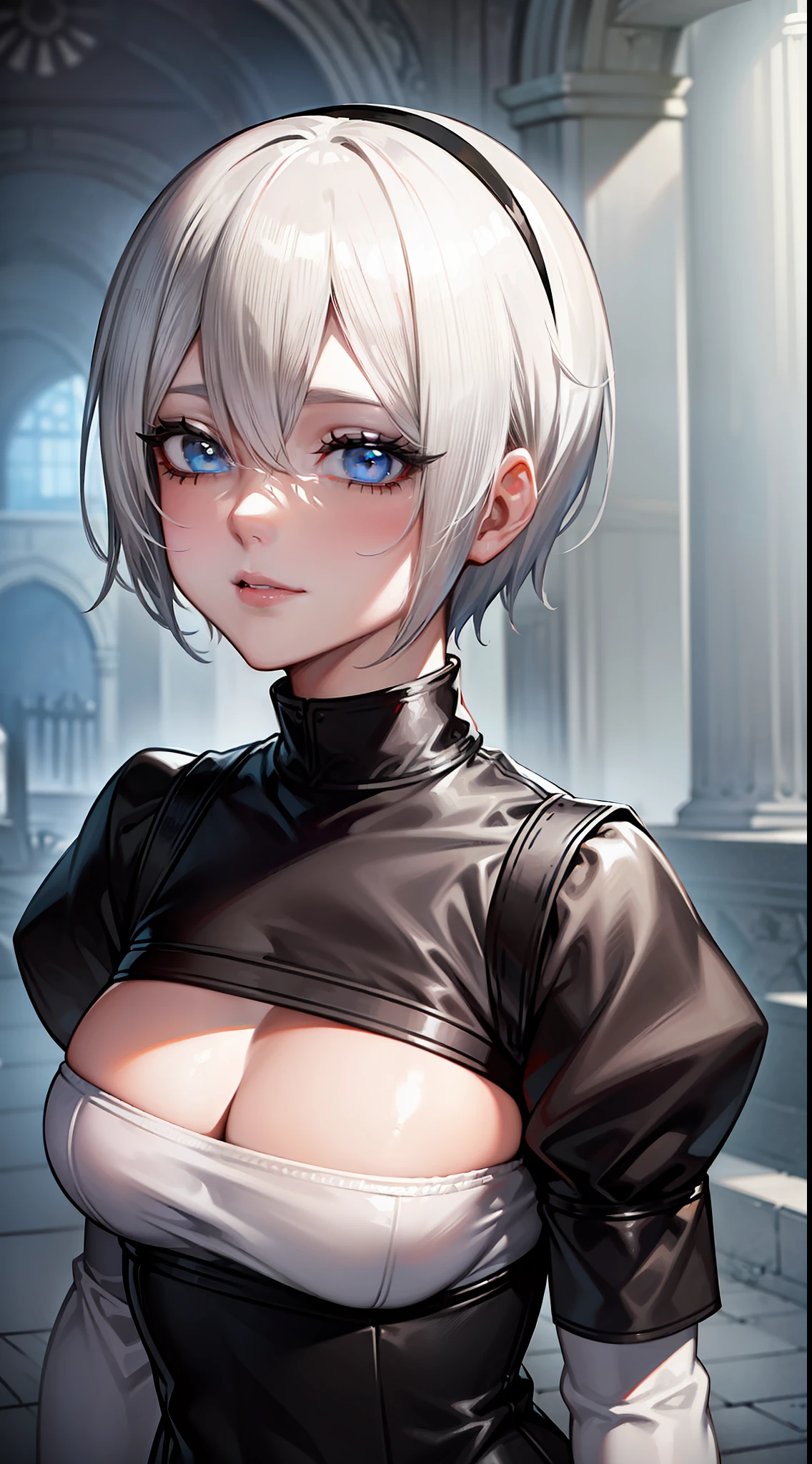 2B_NoBlindFold, white hair, short hair, black clothes, blue eyes, black hairband, yorha no. 2 type b, ruins, red eyeshadow, looking away,