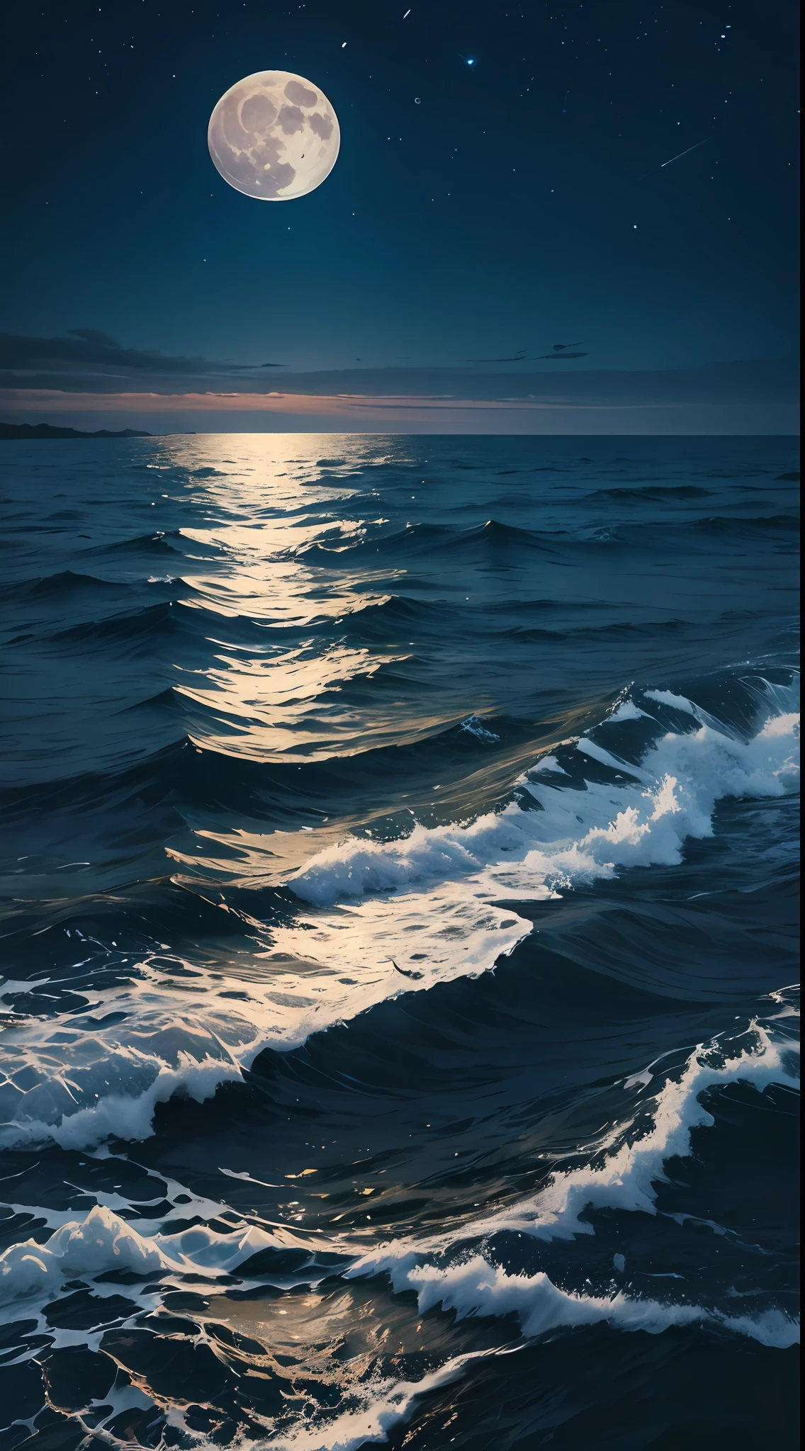 On the calm sea，Behind is a huge one, Bright moon