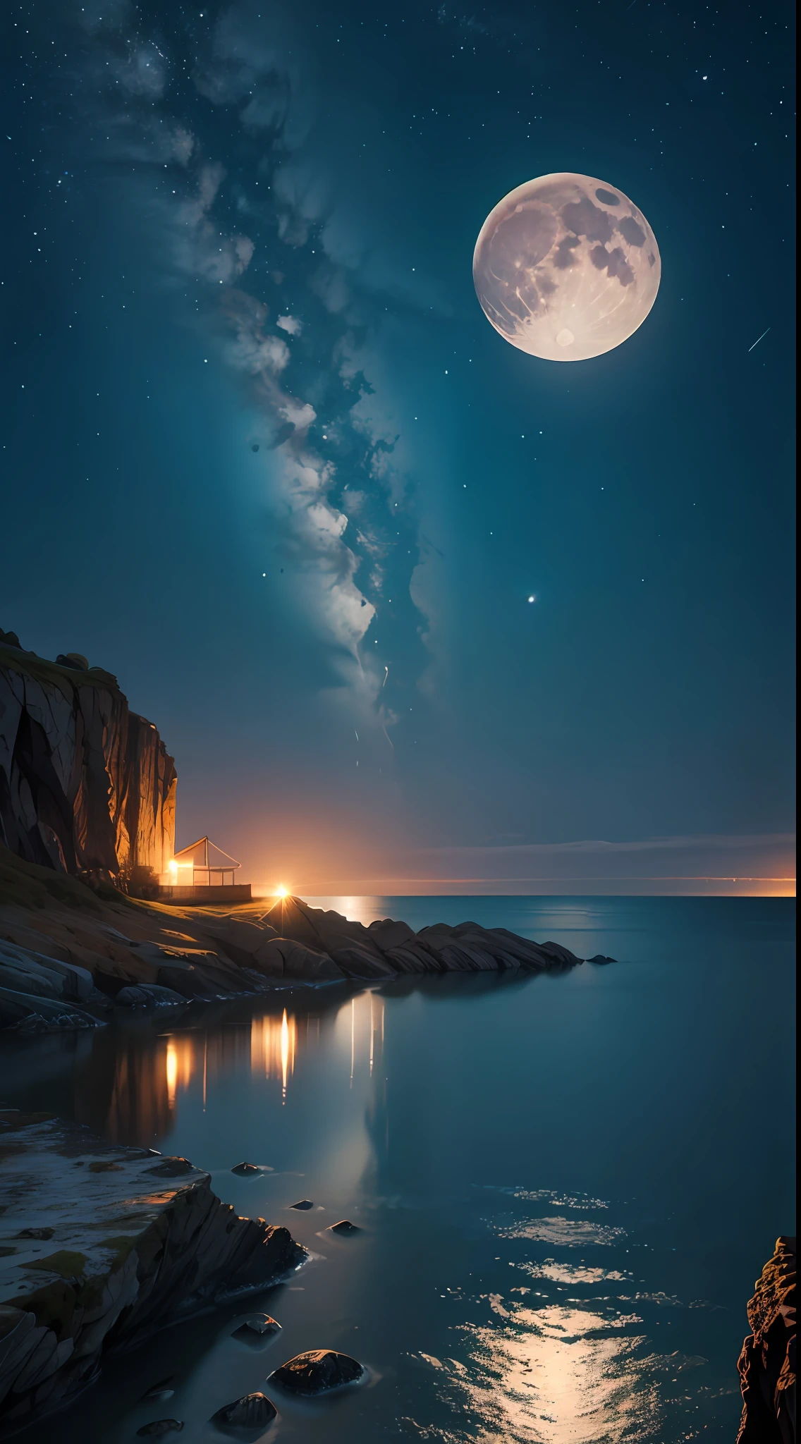 On the calm sea，Behind is a huge one, Bright moon