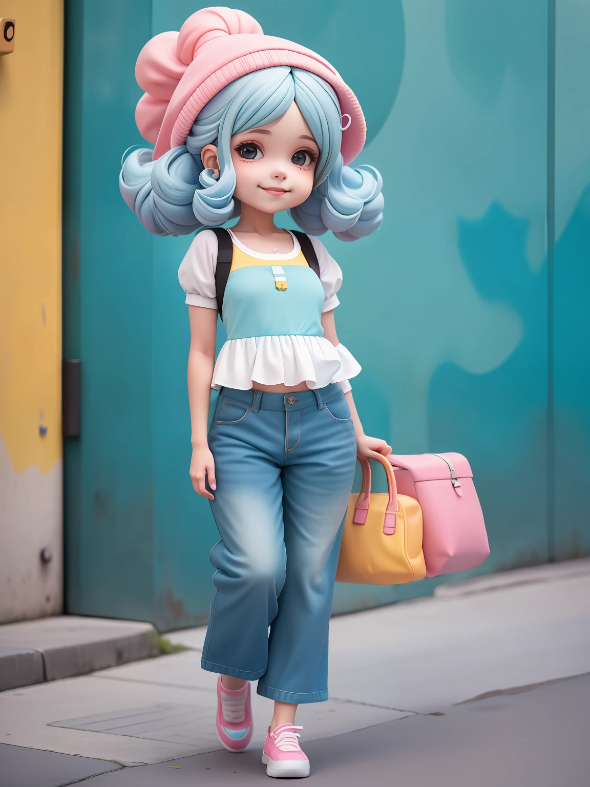 cute andando de bicicleta, bonnet, pants and mini blouse, sorriso claro, corpo inteiro, :3, cabelo longo e curto, preso, moderno, Modern accessories, fundo tom pastel , colorido e simples.