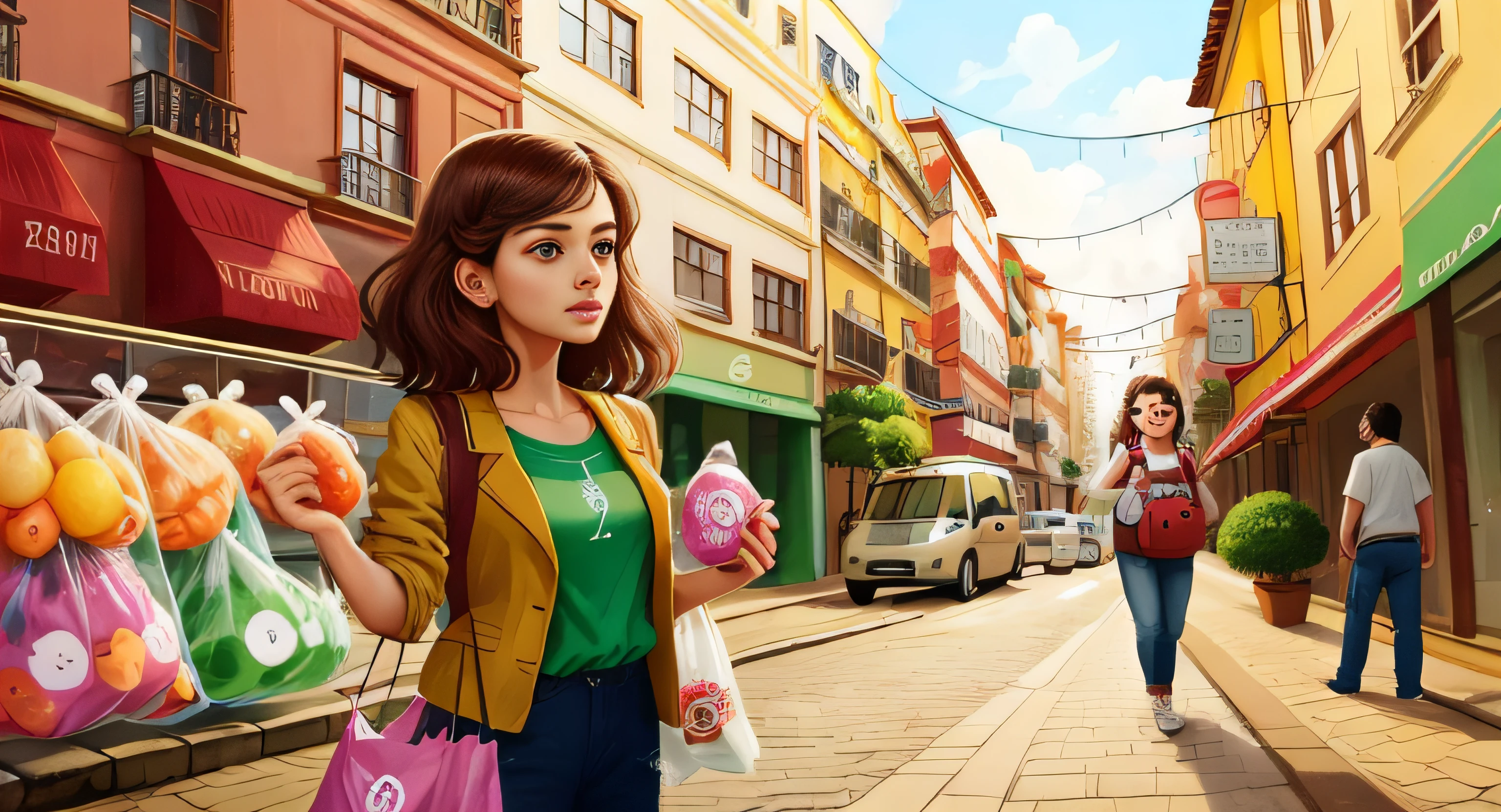 Clara no centro da cidade, with two plastic bags in hand