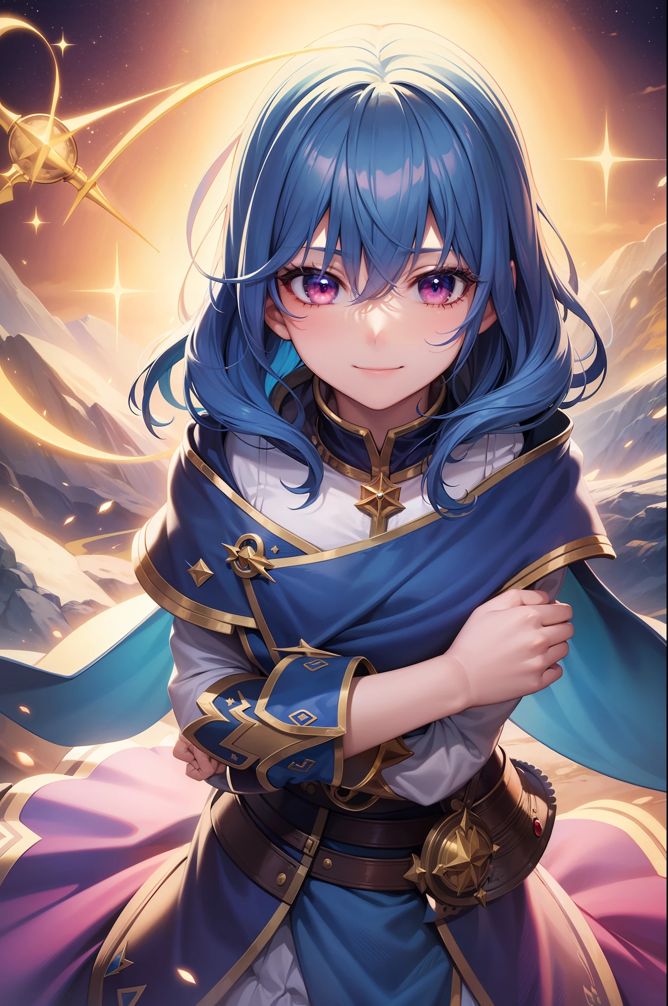 masterpiece, highres, best quality, wizard cape, 1girl, solo, blue hair, smile, alchemy lab backround, multicolored eyes, high quality artstyle, ultra detailed, holding magic staff, quality shadows, 8K,