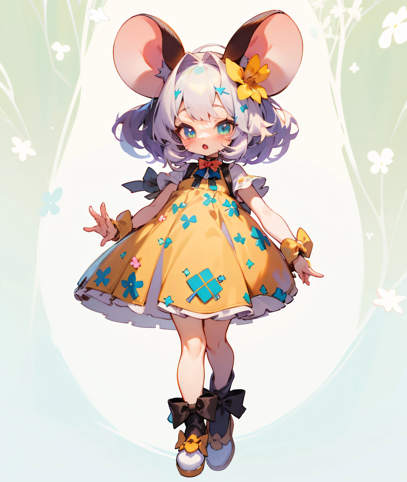 Cartoon mouse girl in dress and bow tie, loli in dress, full body adoptable, beautiful mouse - girl, Cute anime waifu in a nice dress, Wearing a flower dress, character adoptable, full body portrait of a short!, original chibi bunny girl, full body commission for, style of magical girl, mouse in clothes, With bunny ears