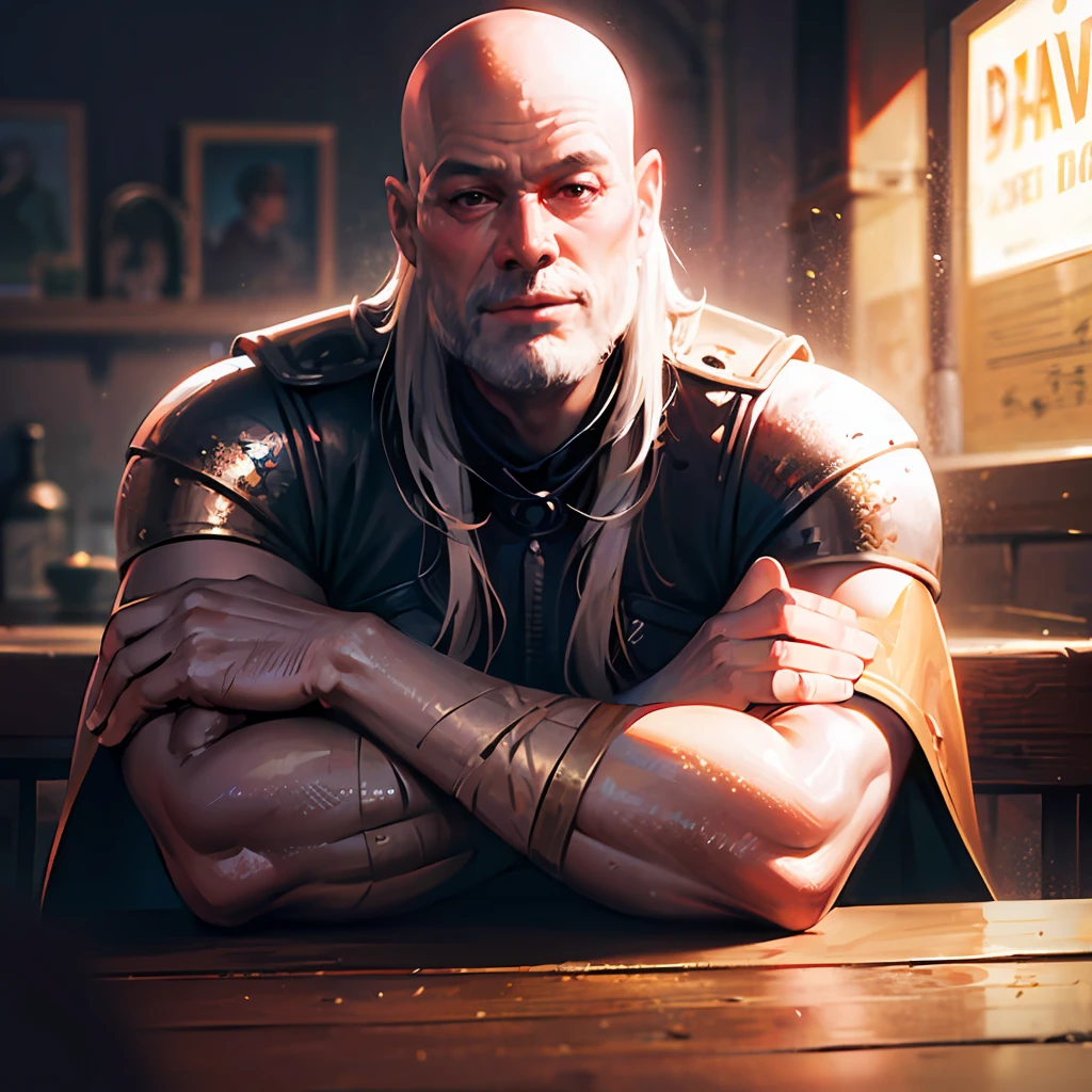 Dynamic scene. Dark tavern in 1200s Italy A cheerful bald warrior is sitting at the table. A very beautiful girl stands behind him and hugs his shoulders. On the table there is a sword and a knight's helmet, a close-up portrait in old worn out clothes, in the style of Disney Pixar, super photorealistic, cinematic. Dark blurred background of a tavern with dim light from a candle. 8k --auto --s2