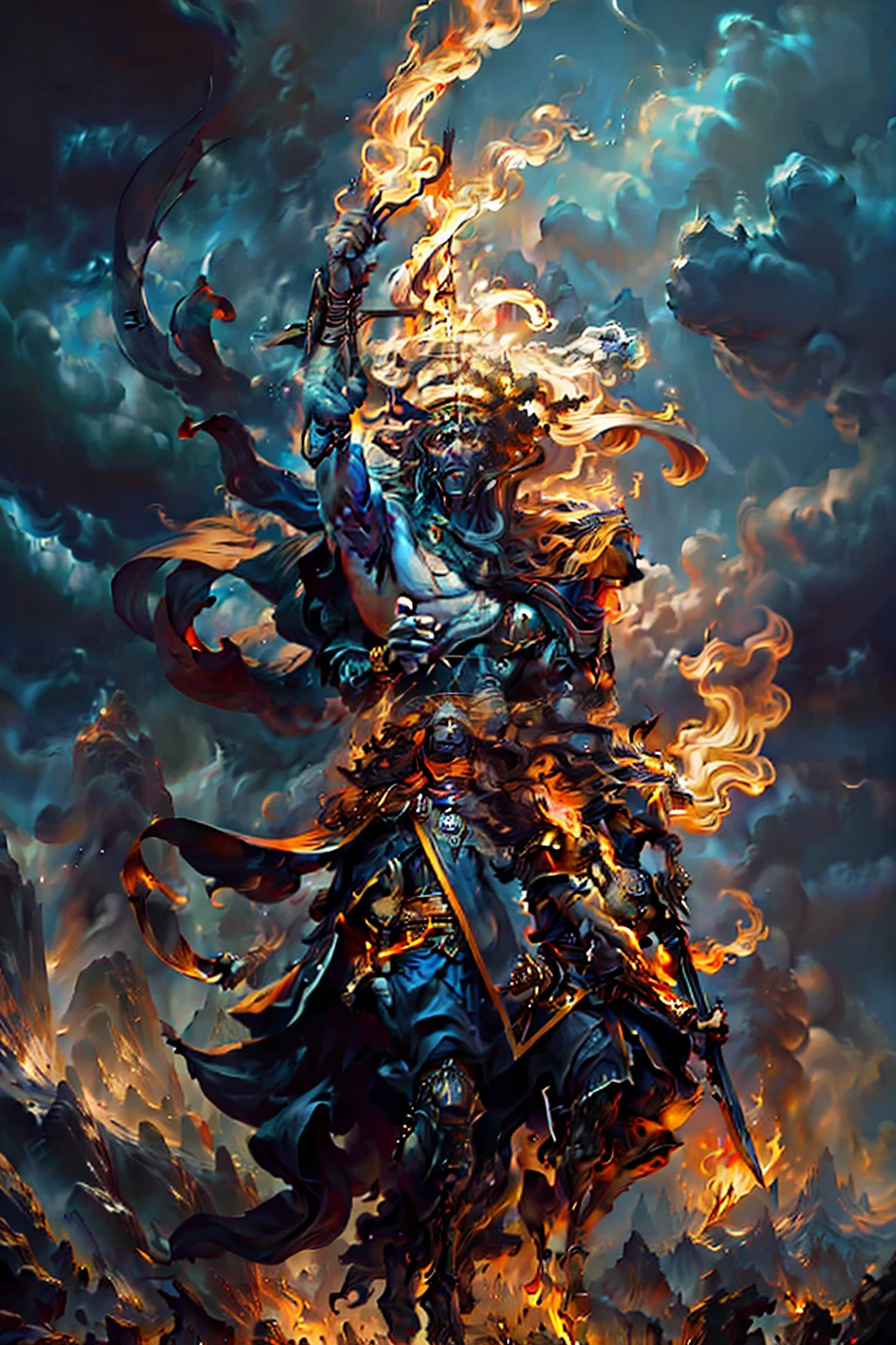 Alta qualidade, 4k, alta resolução. Deus do fogo, guerreiro imponente, flames dancing in his eyes, aura de fogo envolvendo seu corpo; carries a flaming spear; pele dourada, cabelo feito de chamas. serious face, frontal.