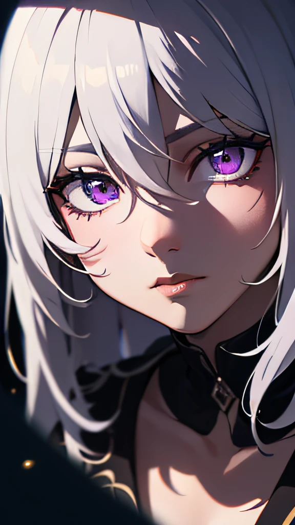(masterpiece, best quality, ultra-detailed, best shadow), (detailed background,dark fantasy), (beautiful detailed face), high contrast, (best illumination, an extremely delicate and beautiful), ((cinematic light)), colorful, hyper detail, dramatic light, intricate details, (1girl, solo,white hair, sharp face,purple eyes, hair between eyes,dynamic angle), blood splatter, swirling black light around the character, depth of field,black light particles,(broken glass),magic circle,