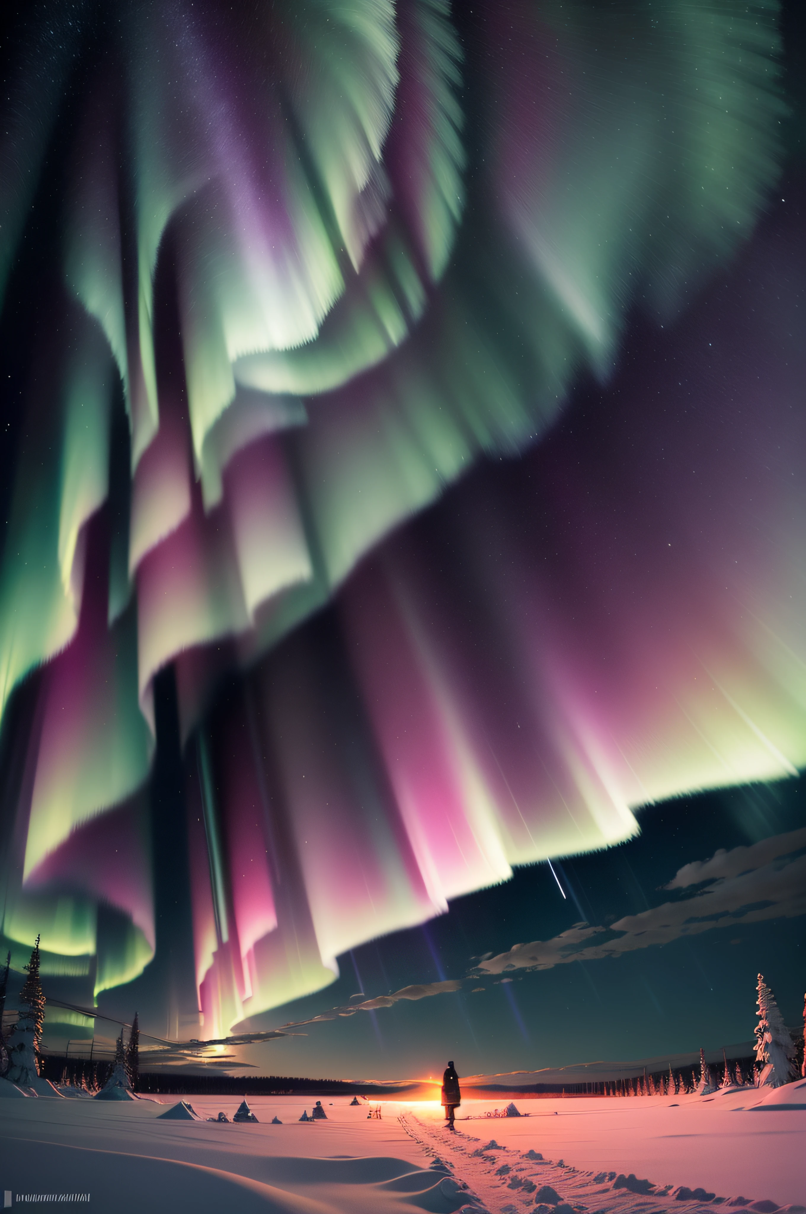 Aurora Borealis in Lapland, Finland:
Create an image of the mesmerizing Northern Lights dancing over the snowy landscapes of Lapland. Use vibrant colors and the night sky to capture the magic of this natural phenomenon.