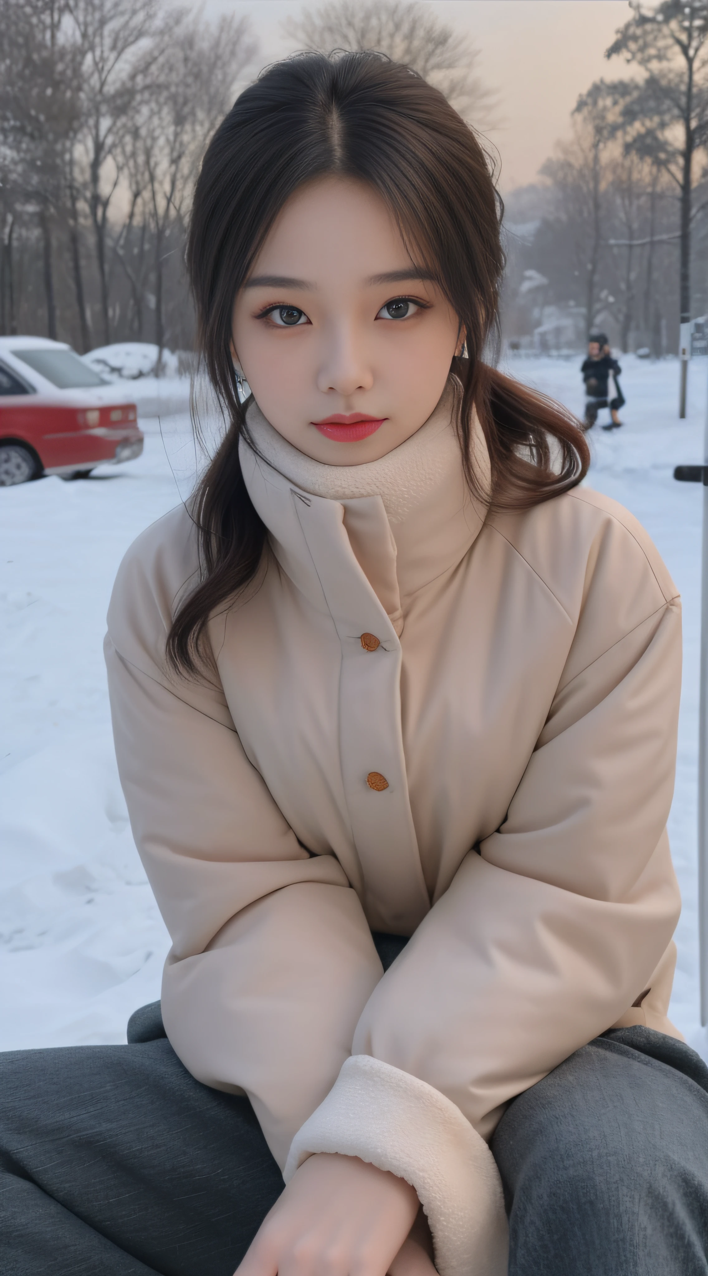 Focus:1.2, perfect figure beautiful woman:1.4,,Best face quality, Ultra-high facial detail,Ultra-high pupil detail,slimfigure,Smaller bust,at winter season,围巾,outside,Sit Pose,Hair is slightly curled,