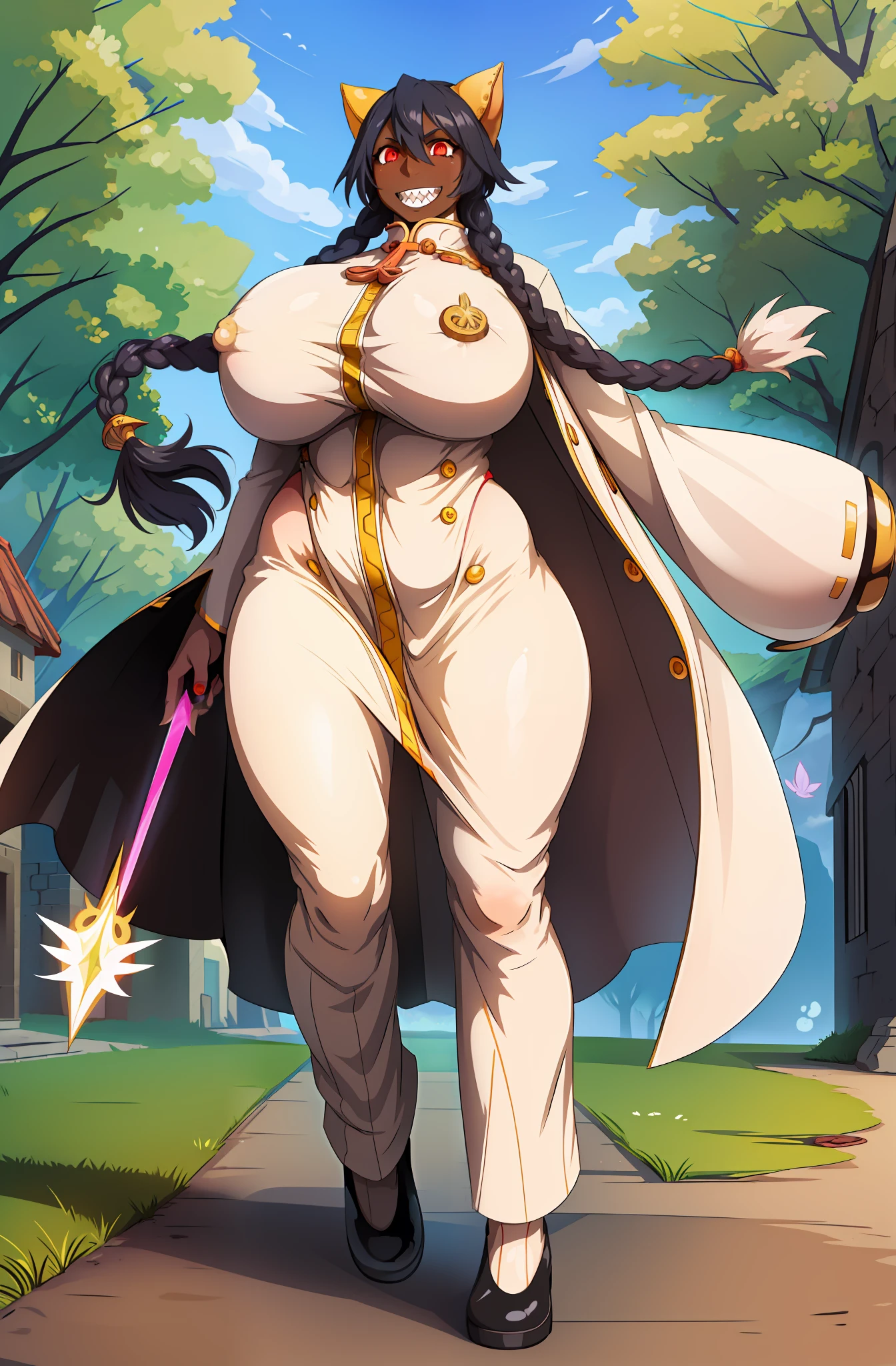huge chest, curved, female,fantasyHere is a cartoon picture of a woman with a very large chest, , vest, pants, black hair, sacred aura, inspired by Red Luma, the non-binary deity of spring, ethereal rainbow nimbus, the butterfly goddess of fire, inspired by Marie Angel, will have shining around her, like the sun goddess, "uwu the prismatic person, big breast, happy, beautiful eyes, , full body, walking, long dress, long dre, nun, priestess, saint, body of venus, bent, huge chest, forest, walking, smile, sharp teeth, black coats, coat, dark skinned, twinbraids, brow hair, cat ears,,red eyes