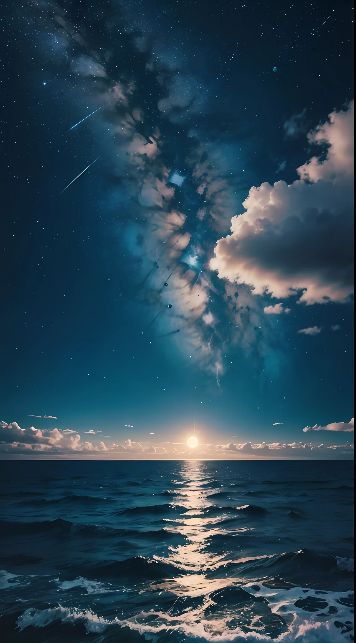On the calm sea,A dot of stars,There is a bright moon hanging in the sky