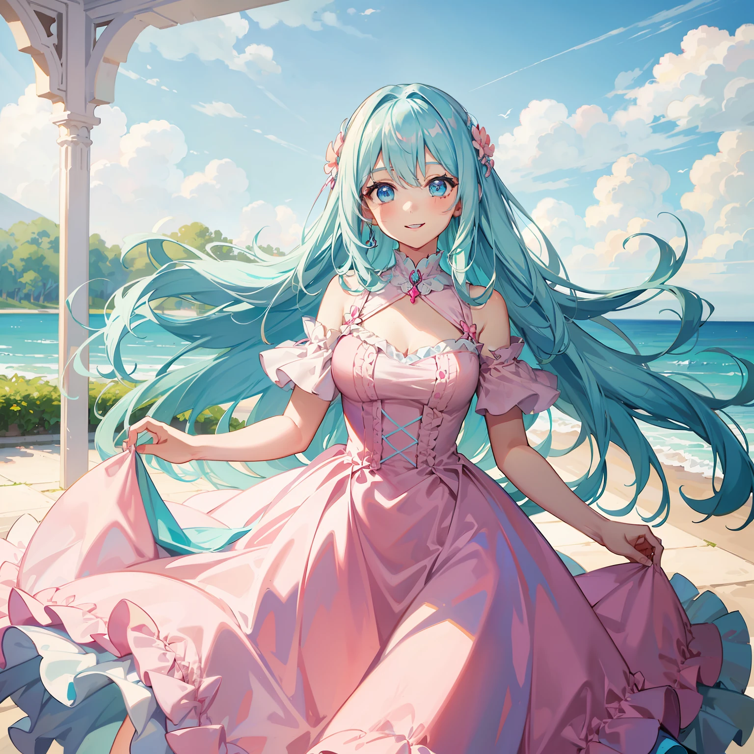 Long turquoise hair,Sky blue eyes,Wearing a pink and white gradient dress,Dress with good texture,with a smile on her face,High Picture Quality,Exquisite HD