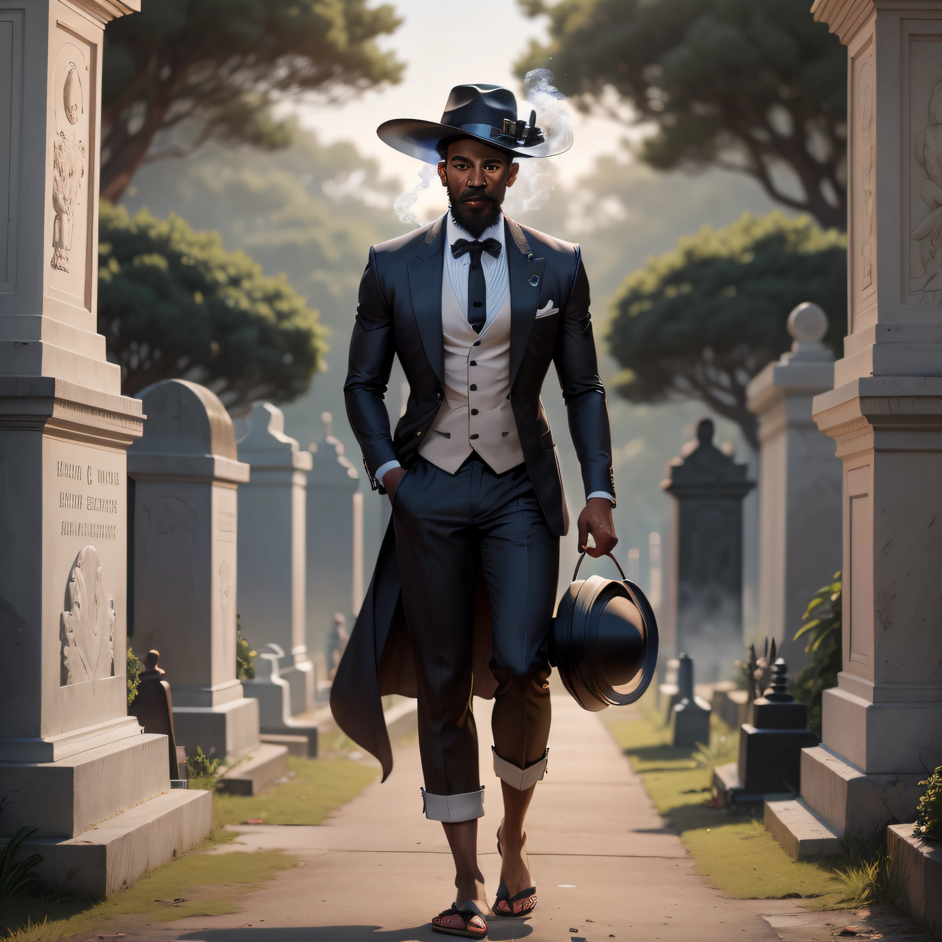 Homem alto, homem forte, capa preta, large hat, Inside the cemetery, cemetery gate, highes definition, Entidade, afro, colar branco, graves, bottle in hand, forte, barefoot, noite, escurecer, smoke billowing, neblina, barba,