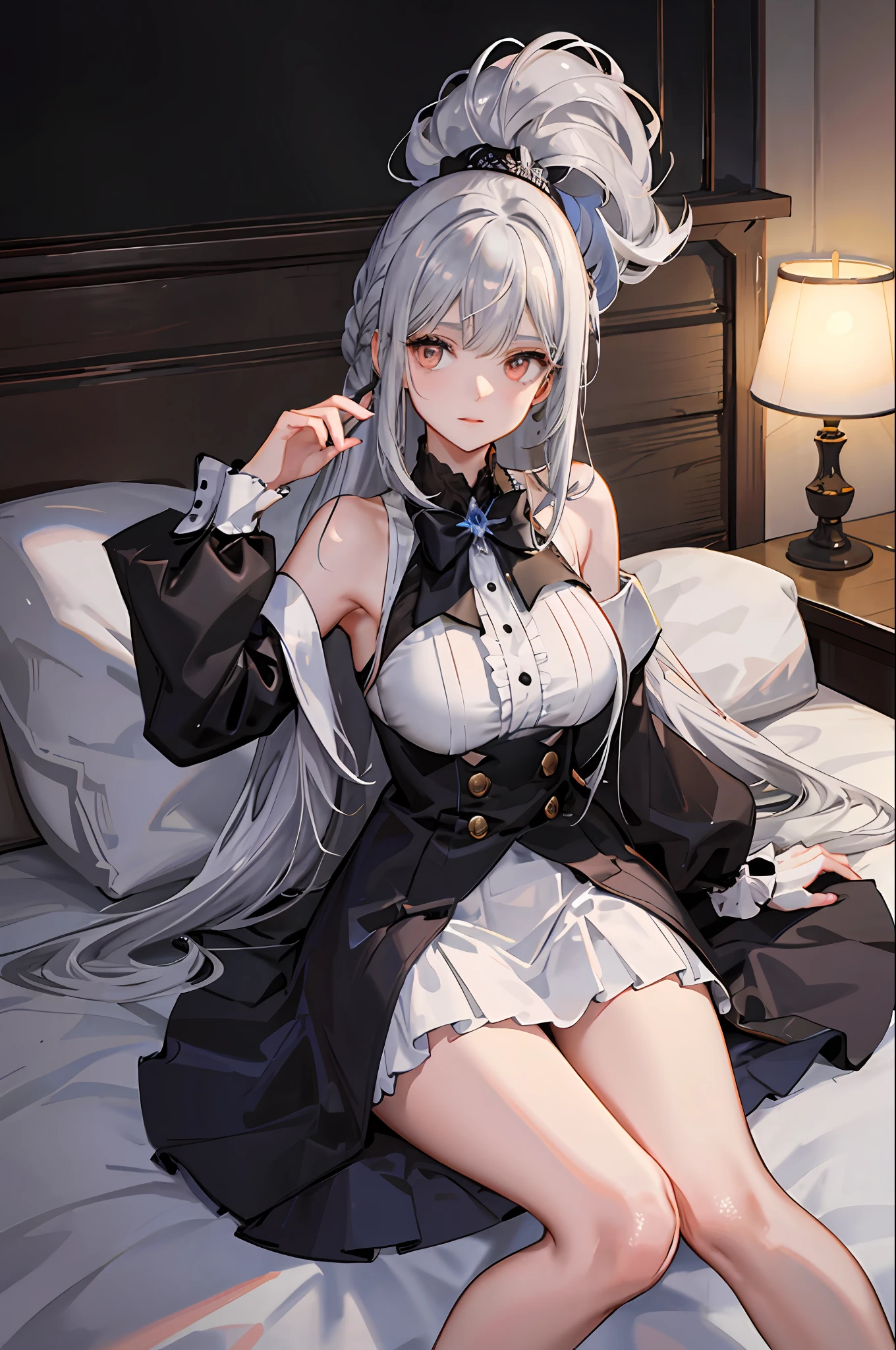 （（（1个Giant Breast Girl）），Ray traching，（dim murky lights），[detailedbackground（Bedrooms）），（（Silvery hair）），（（Silvery hair）），（（（（（Fluffy silver hair，plump and slender girl））Wears a high ponytail）））Avoid golden eyes in the ominous bedroom（（（（The girl wears a short white skirt and light-colored stockings）There are also white ruffled bow gloves），It shows a delicate and slender figure and beautiful curves，Correct limbs，Lie down in bed，4k