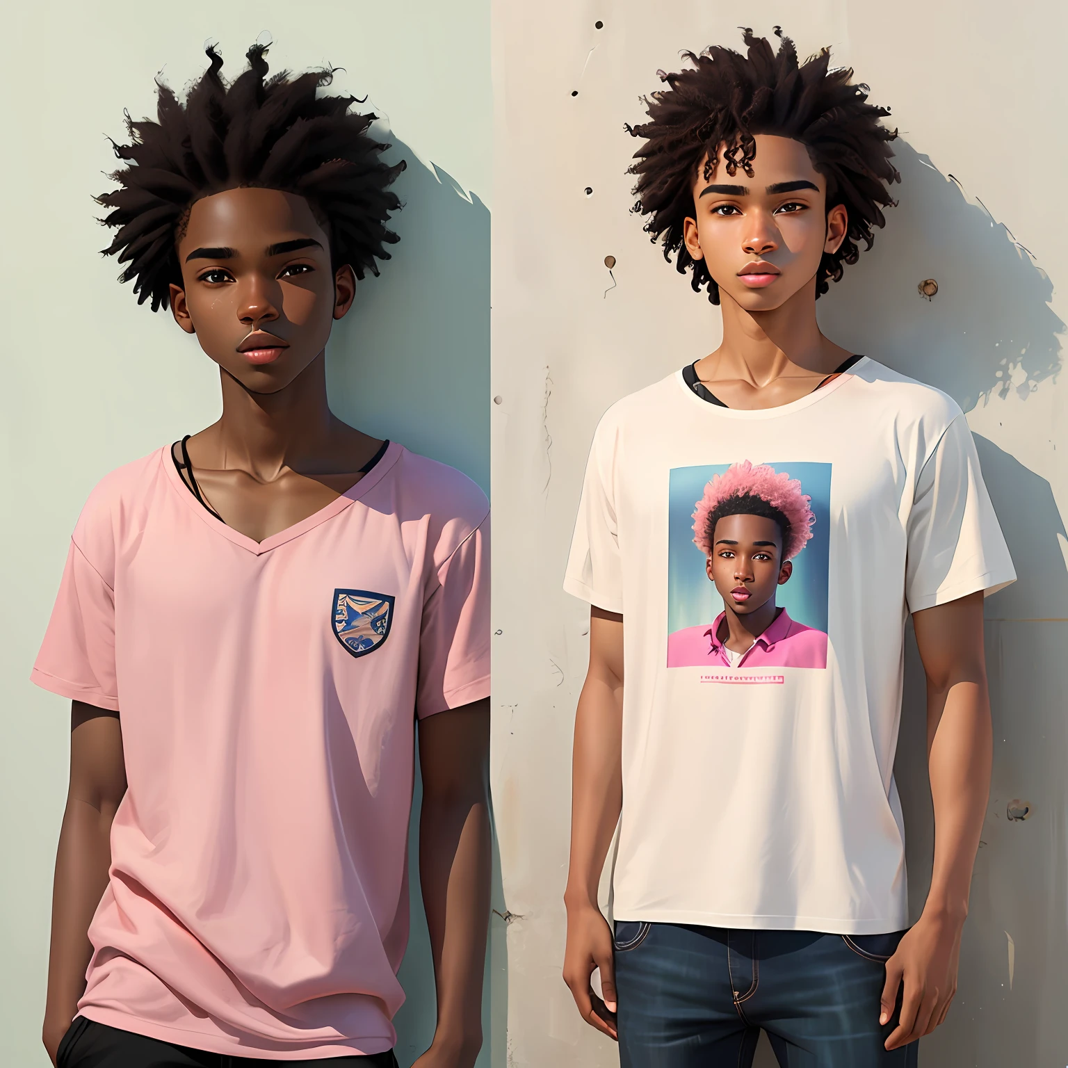Realistic black boy, has slightly pink lips, has no beard, has dark brown eyes and slightly clenched, small nose and is 17 years old, is 1.68m tall, thin has frizzy hair 4C very short, low cut degrade in 1.